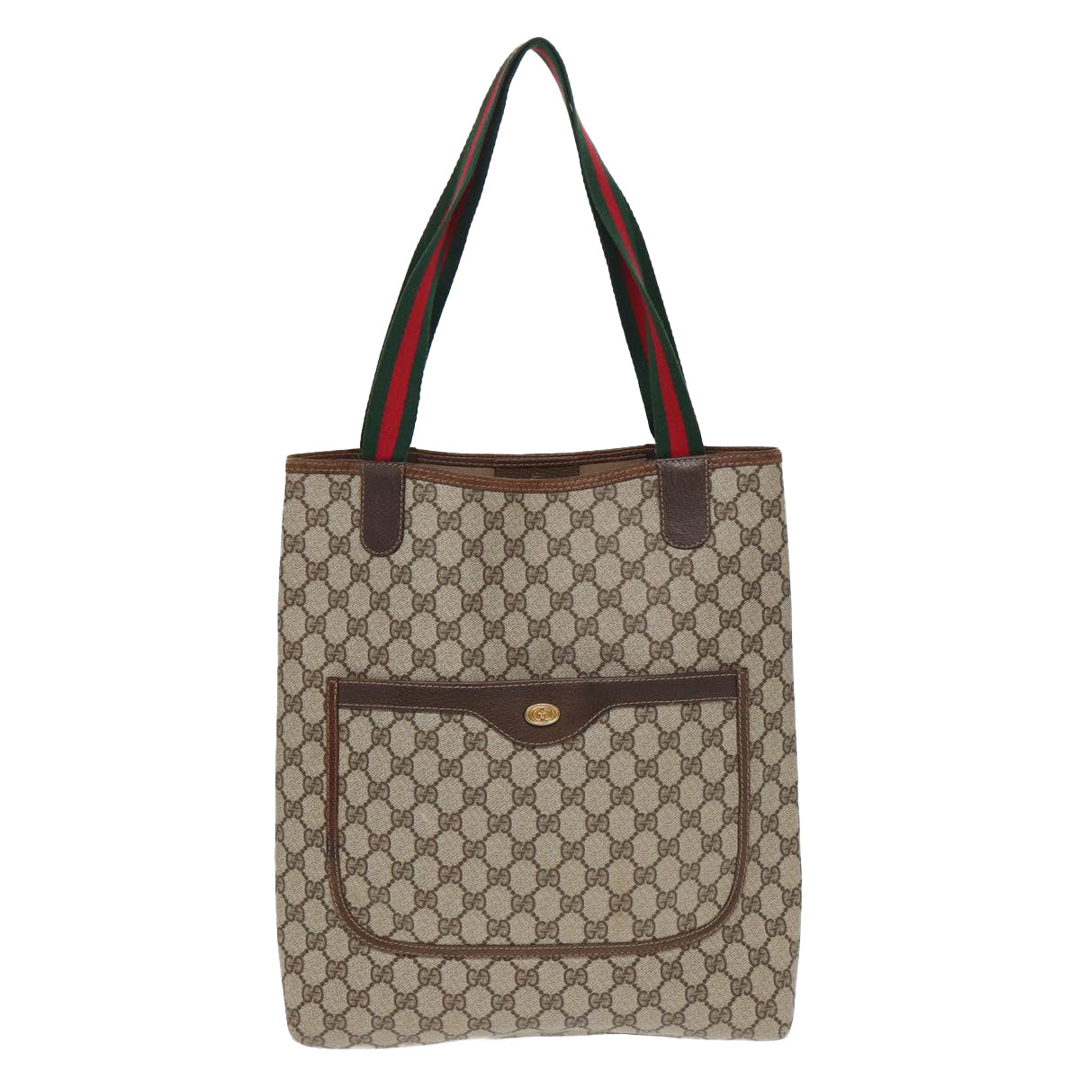 GUCCI GG Canvas Web Sherry Line Tote Bag PVC Leather Beige Green Red Auth 83817