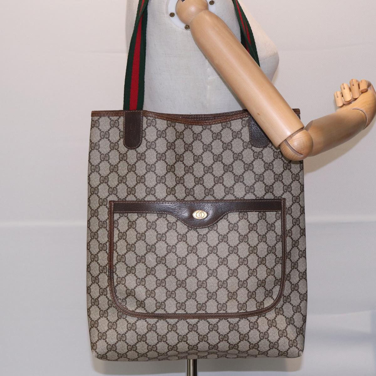 GUCCI GG Canvas Web Sherry Line Tote Bag PVC Leather Beige Green Red Auth 83817