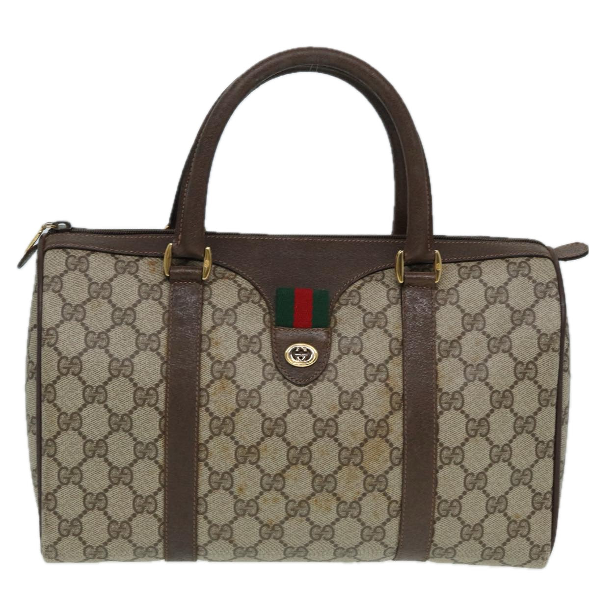 GUCCI GG Supreme Web Sherry Line Boston Bag Beige Red Green Auth 83924