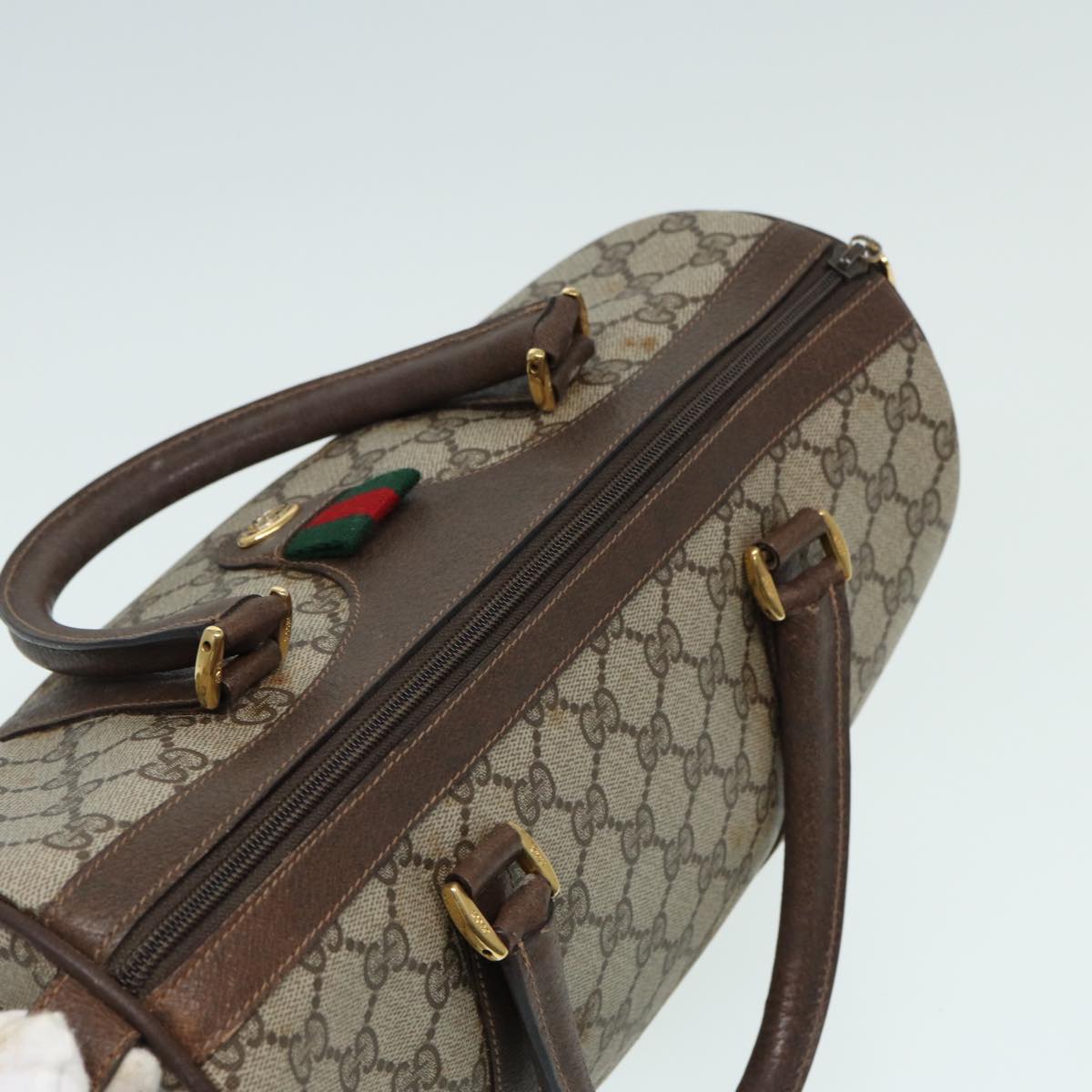 GUCCI GG Supreme Web Sherry Line Boston Bag Beige Red Green Auth 83924