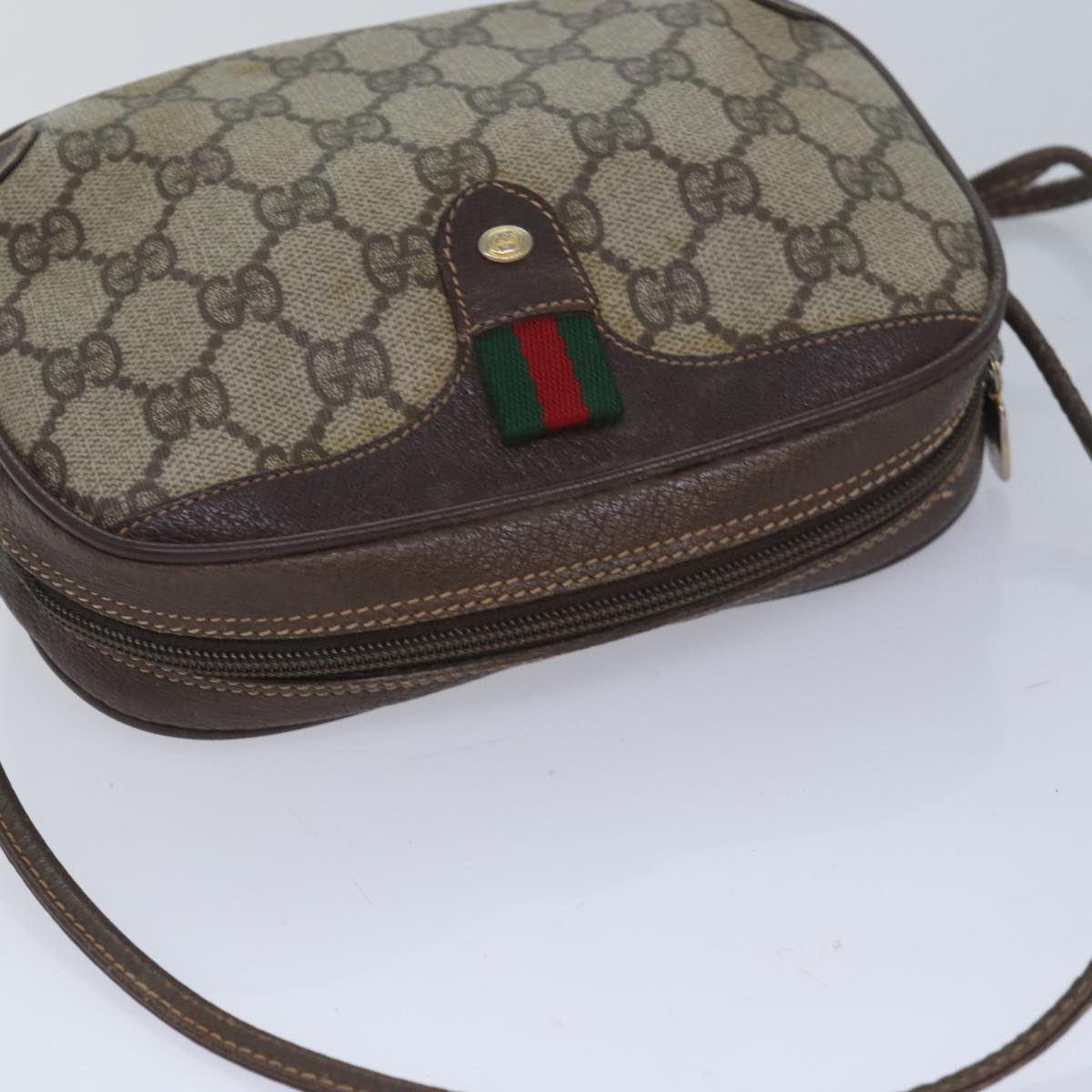 GUCCI GG Supreme Web Sherry Line Shoulder Bag PVC Beige 156 02 066 Auth 83926