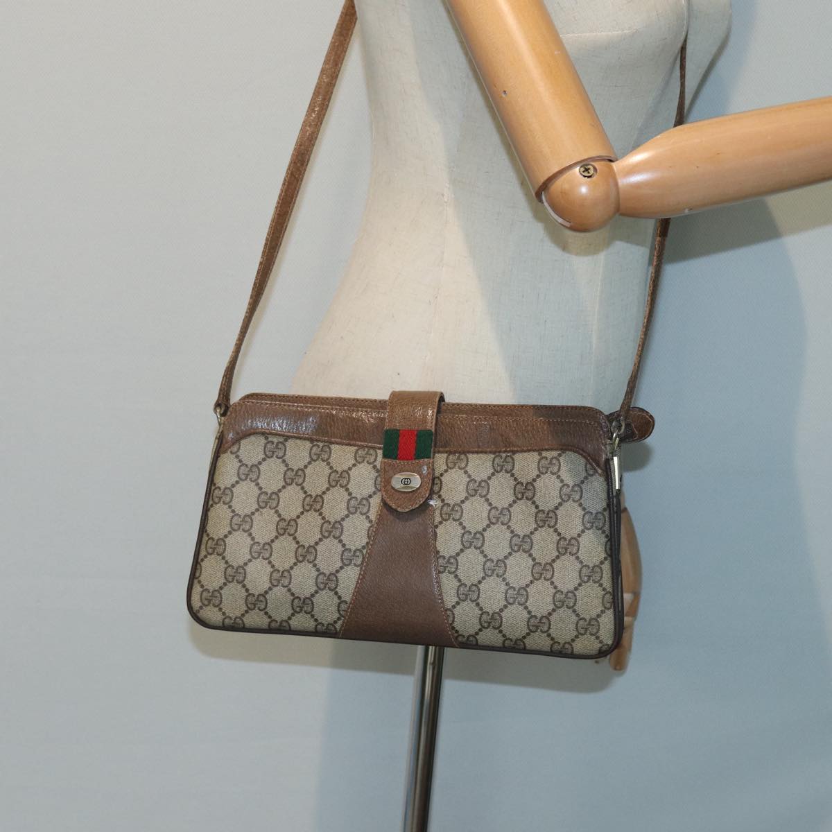 GUCCI GG Supreme Web Sherry Line Shoulder Bag PVC Beige 904 02 029 Auth 83927