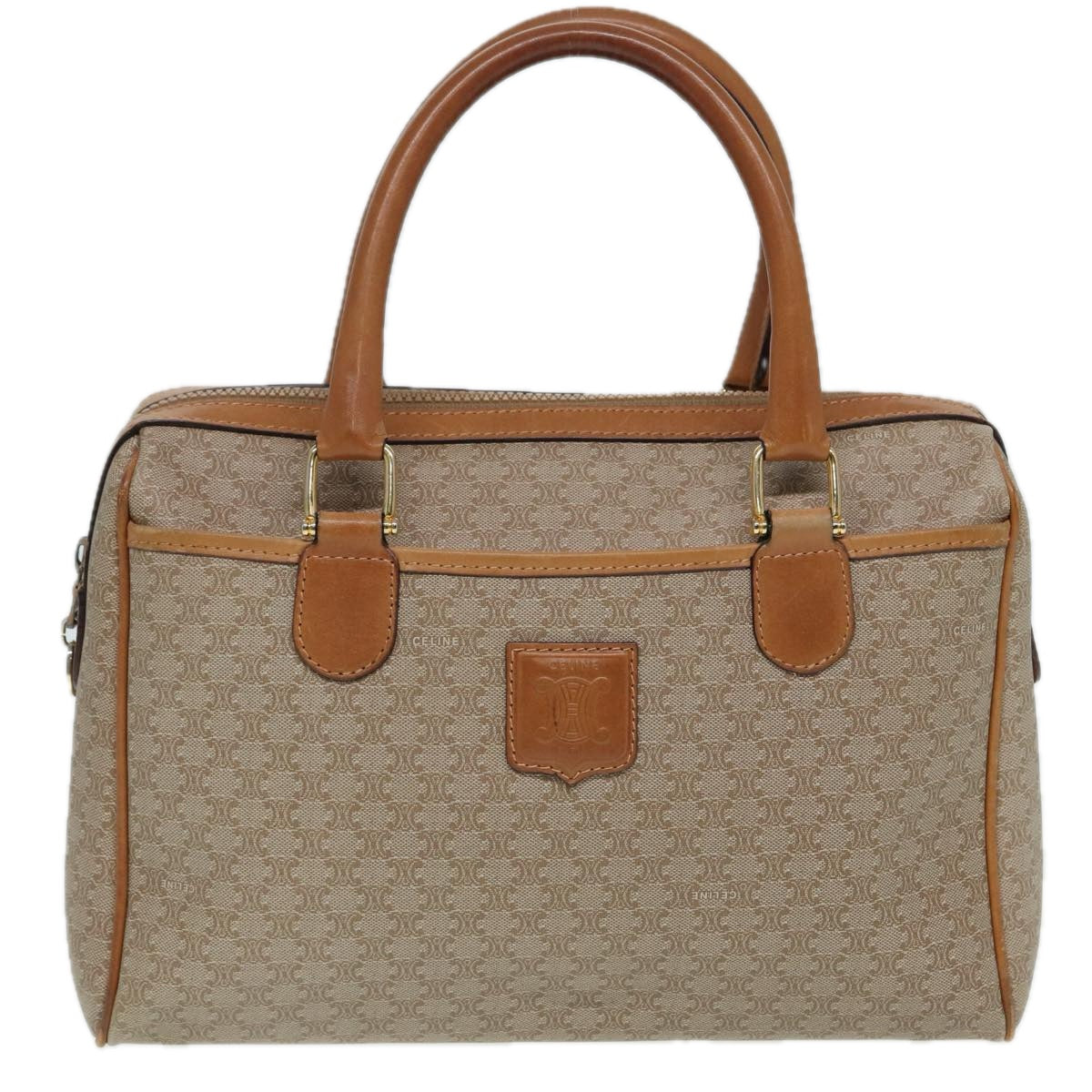 CELINE Macadam Canvas Hand Bag Leather Beige Auth 83931