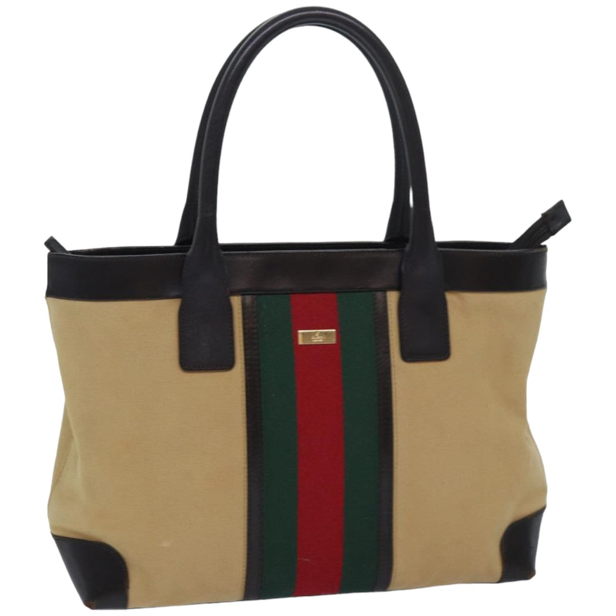 GUCCI Web Sherry Line Tote Bag Canvas Beige Red Green 002 1119 Auth 83934