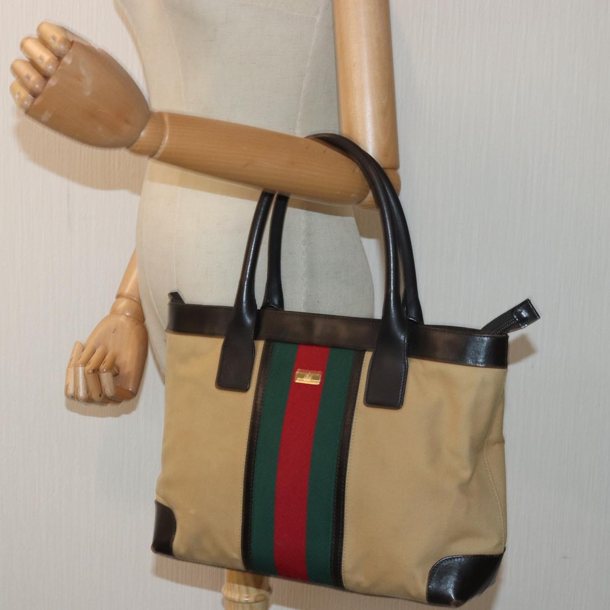 GUCCI Web Sherry Line Tote Bag Canvas Beige Red Green 002 1119 Auth 83934