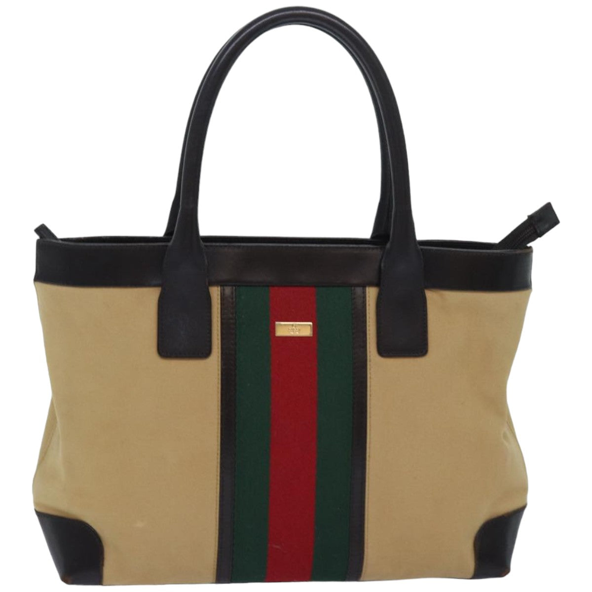 GUCCI Web Sherry Line Tote Bag Canvas Beige Red Green 002 1119 Auth 83934