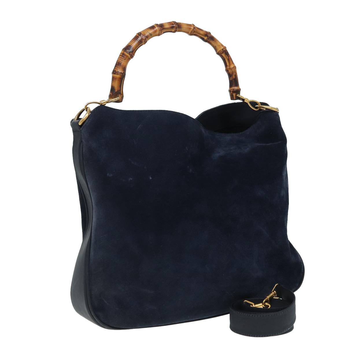 GUCCI Bamboo Shoulder Bag Suede 2way Navy 001 1577 2615 Auth 83940