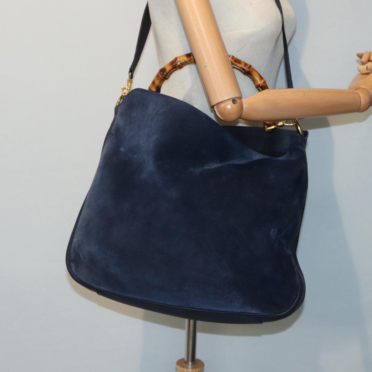 GUCCI Bamboo Shoulder Bag Suede 2way Navy 001 1577 2615 Auth 83940