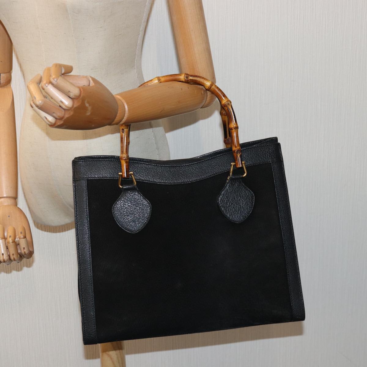 GUCCI Bamboo Hand Bag Suede Black 002 1095 026 Auth 83941