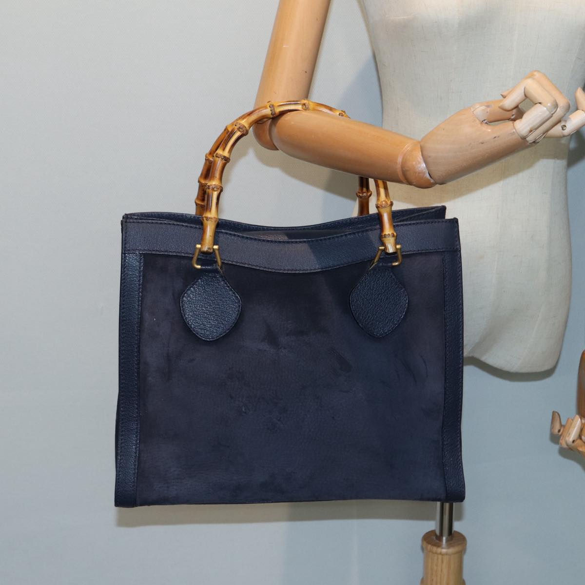 GUCCI Bamboo Hand Bag Suede Leather Navy Auth 83943