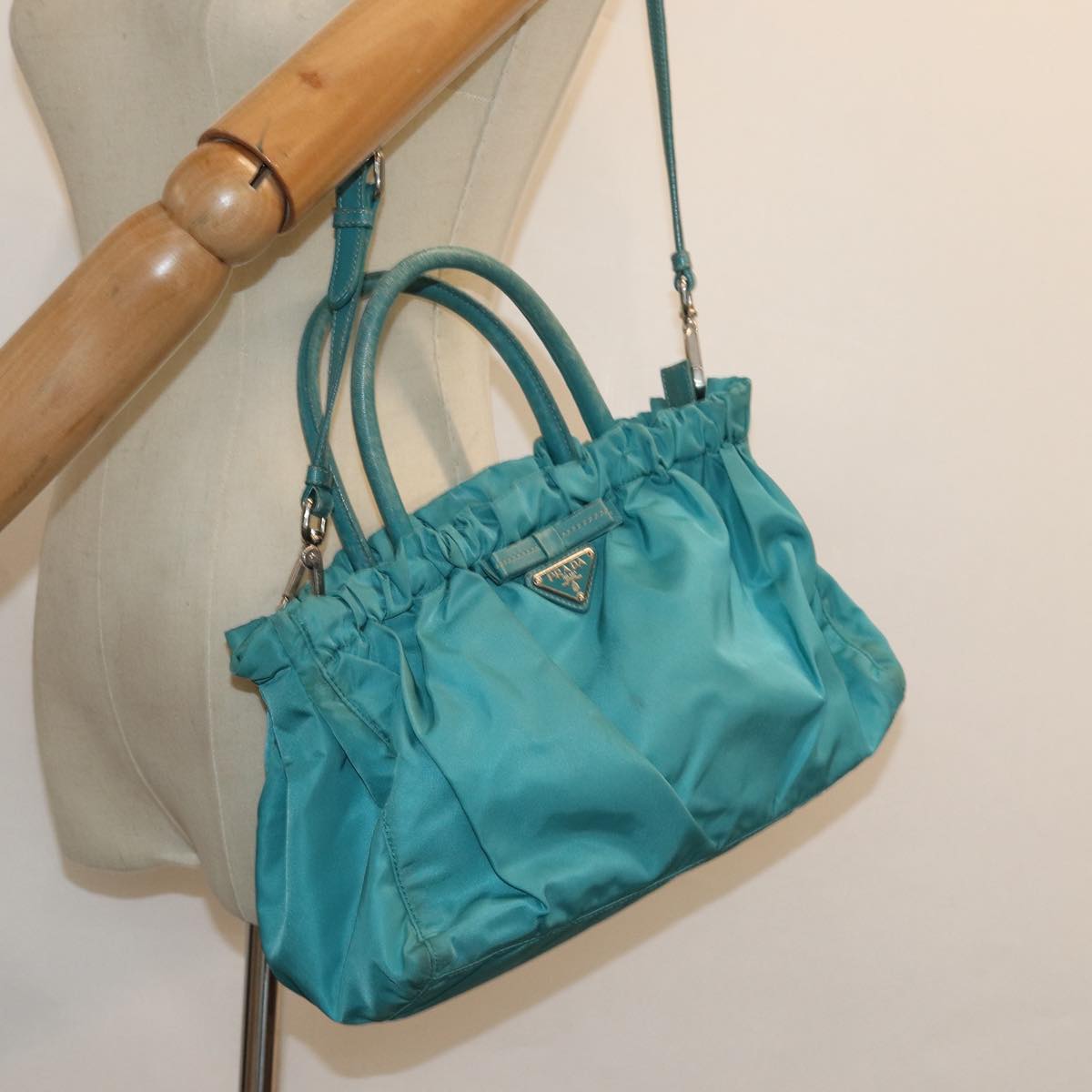 PRADA Hand Bag Nylon 2way Turquoise Blue Auth 83957