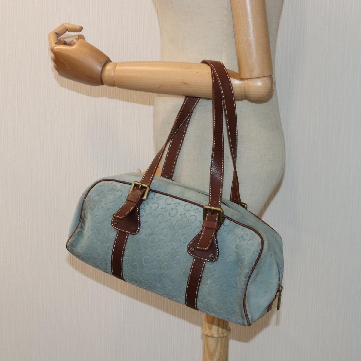 CELINE C Macadam Canvas Shoulder Bag Light Blue Auth 83983