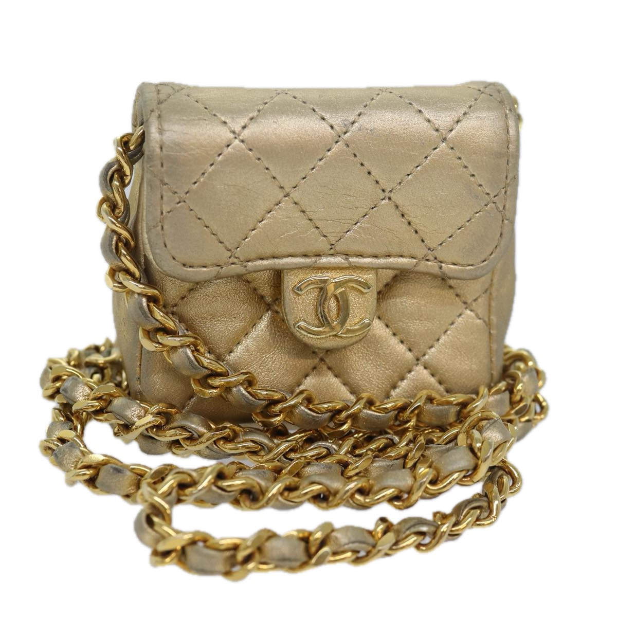 CHANEL Mini Matelasse Chain Shoulder Bag Lamb Skin Gold Tone CC Auth 84205A