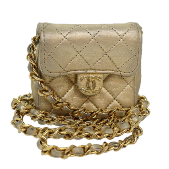 CHANEL Mini Matelasse Chain Shoulder Bag Lamb Skin Gold Tone CC Auth 84205V