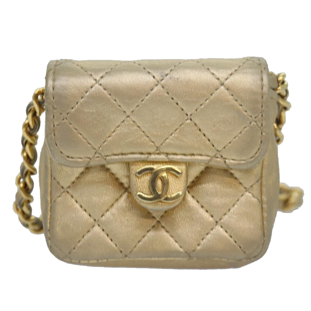 CHANEL Mini Matelasse Chain Shoulder Bag Lamb Skin Gold Tone CC Auth 84205A