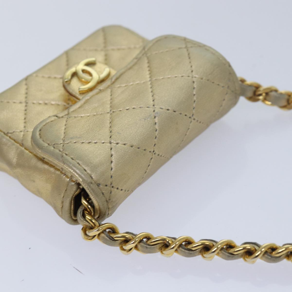 CHANEL Mini Matelasse Chain Shoulder Bag Lamb Skin Gold Tone CC Auth 84205A