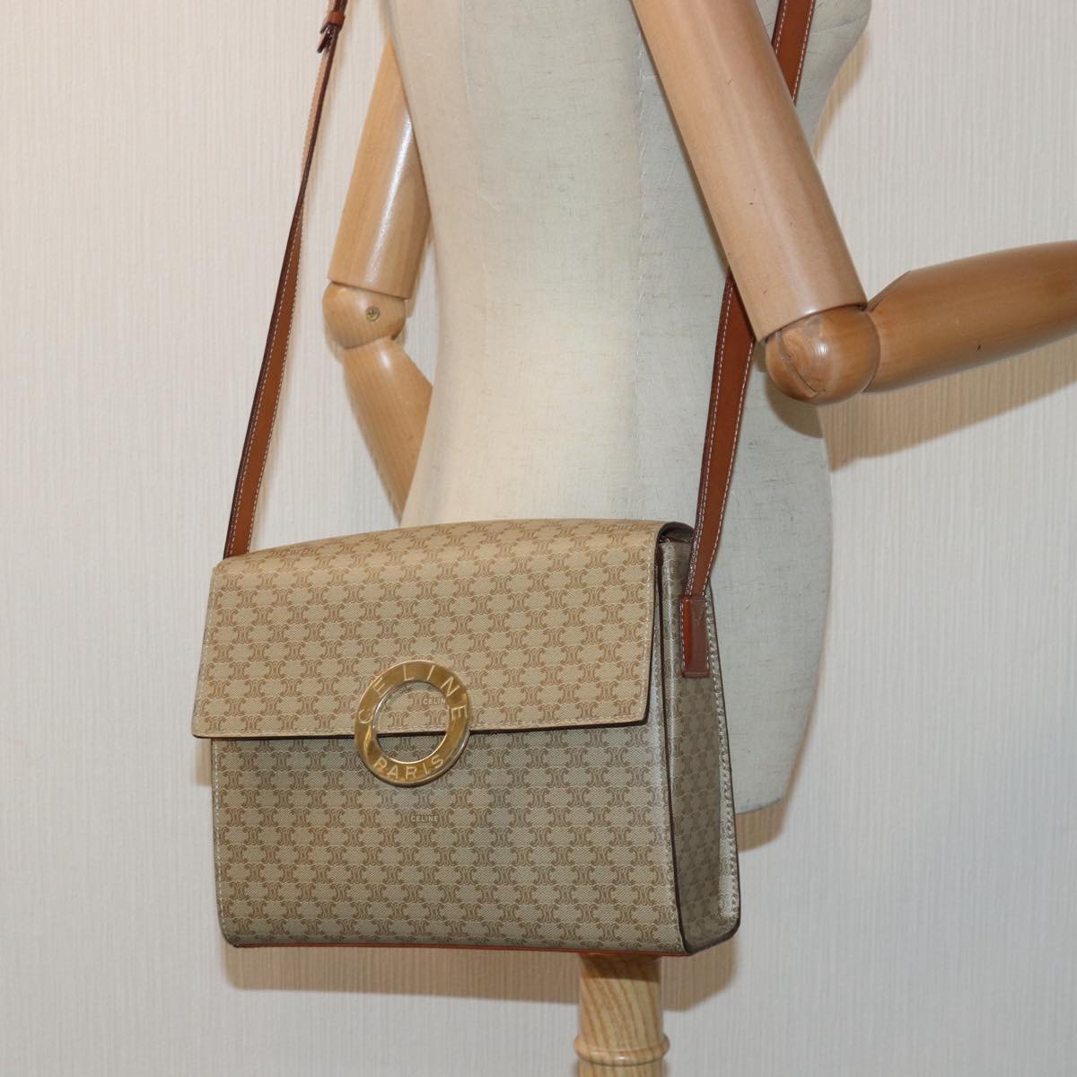 CELINE Macadam Canvas Shoulder Bag Beige Auth 84211