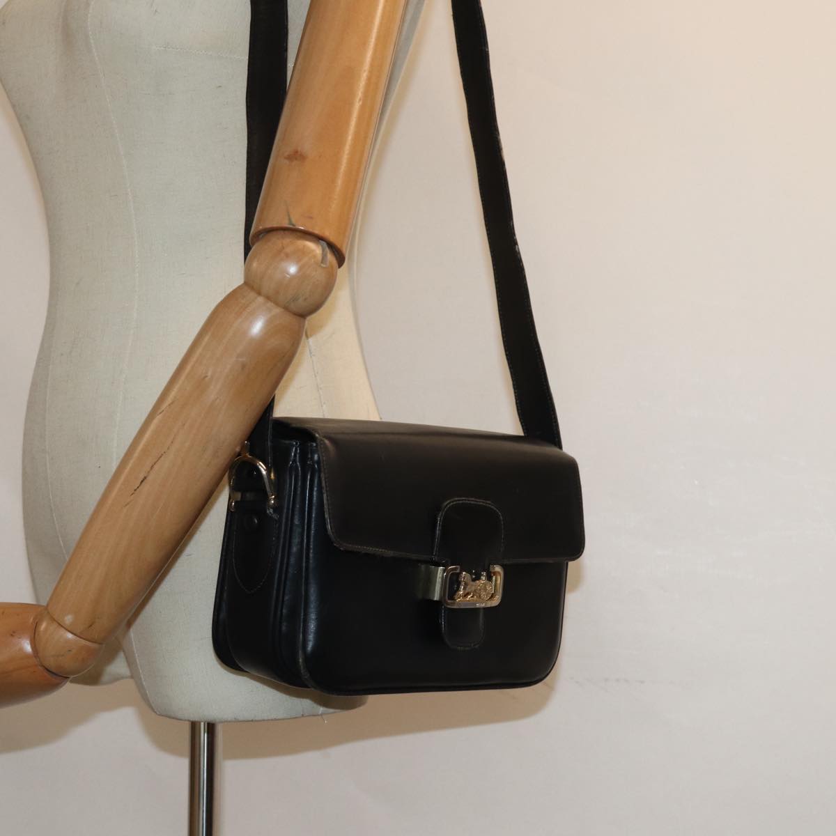 CELINE Shoulder Bag Leather Black Auth 84213