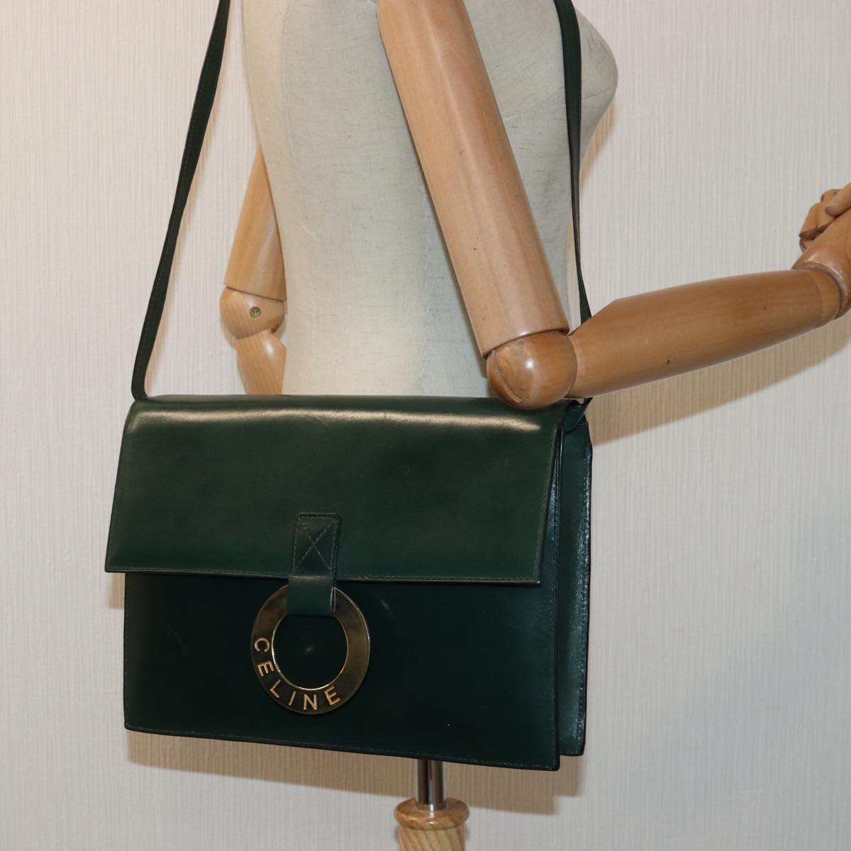 CELINE Clutch Bag Leather 2way Green Auth 84214