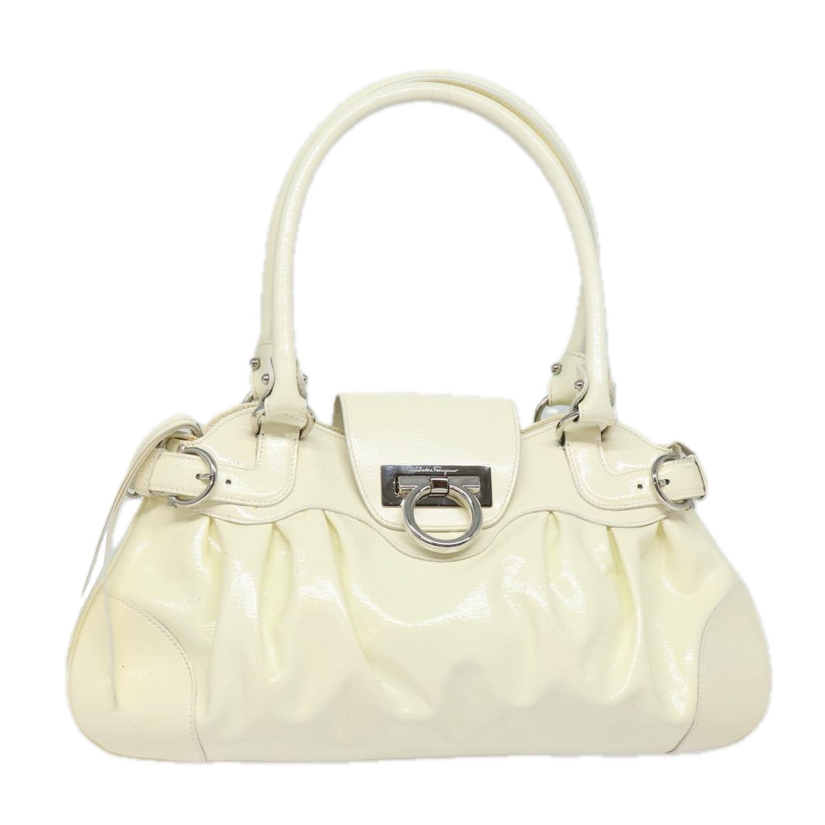 Salvatore Ferragamo Gancini Hand Bag Patent leather White Auth 84216