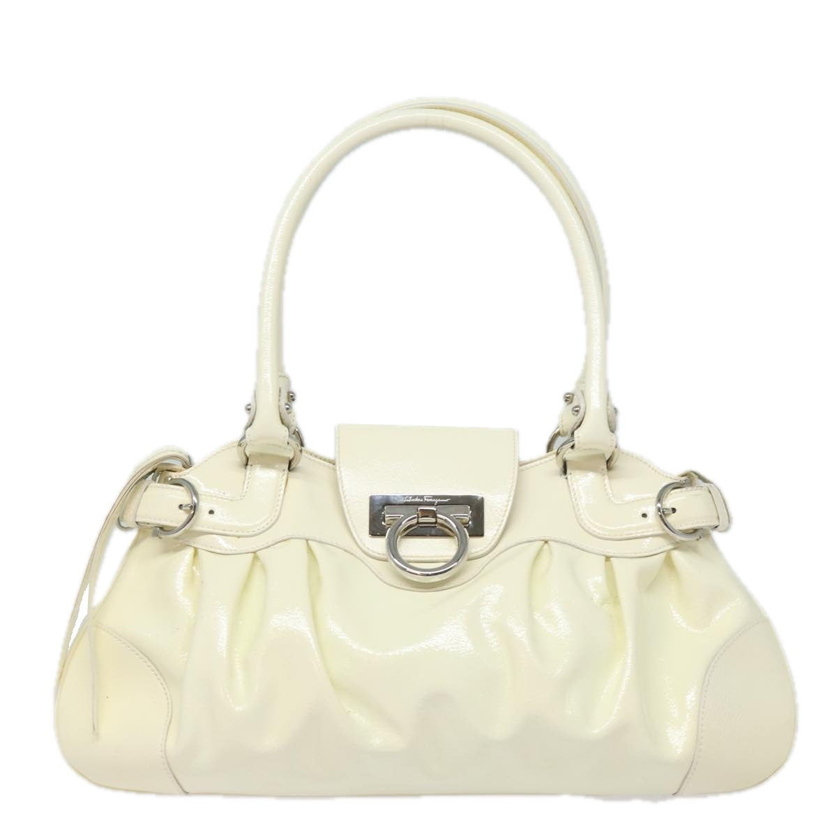 Salvatore Ferragamo Gancini Hand Bag Patent leather White Auth 84216