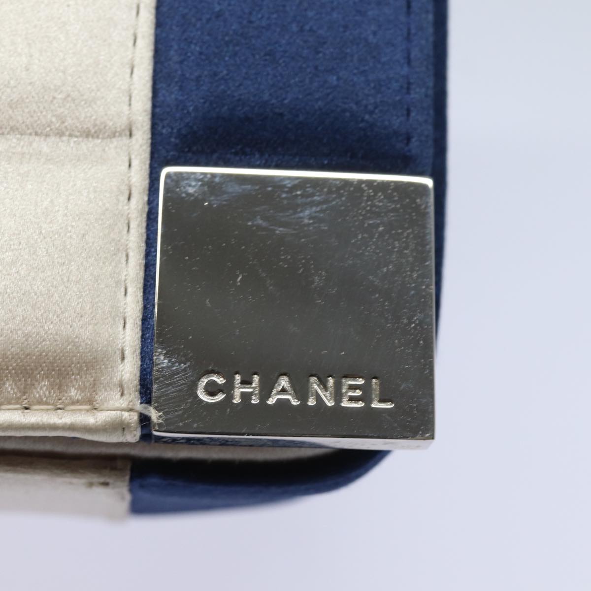 CHANEL Choco Bar Line Chain Shoulder Bag Satin Blue Beige CC Auth 84220