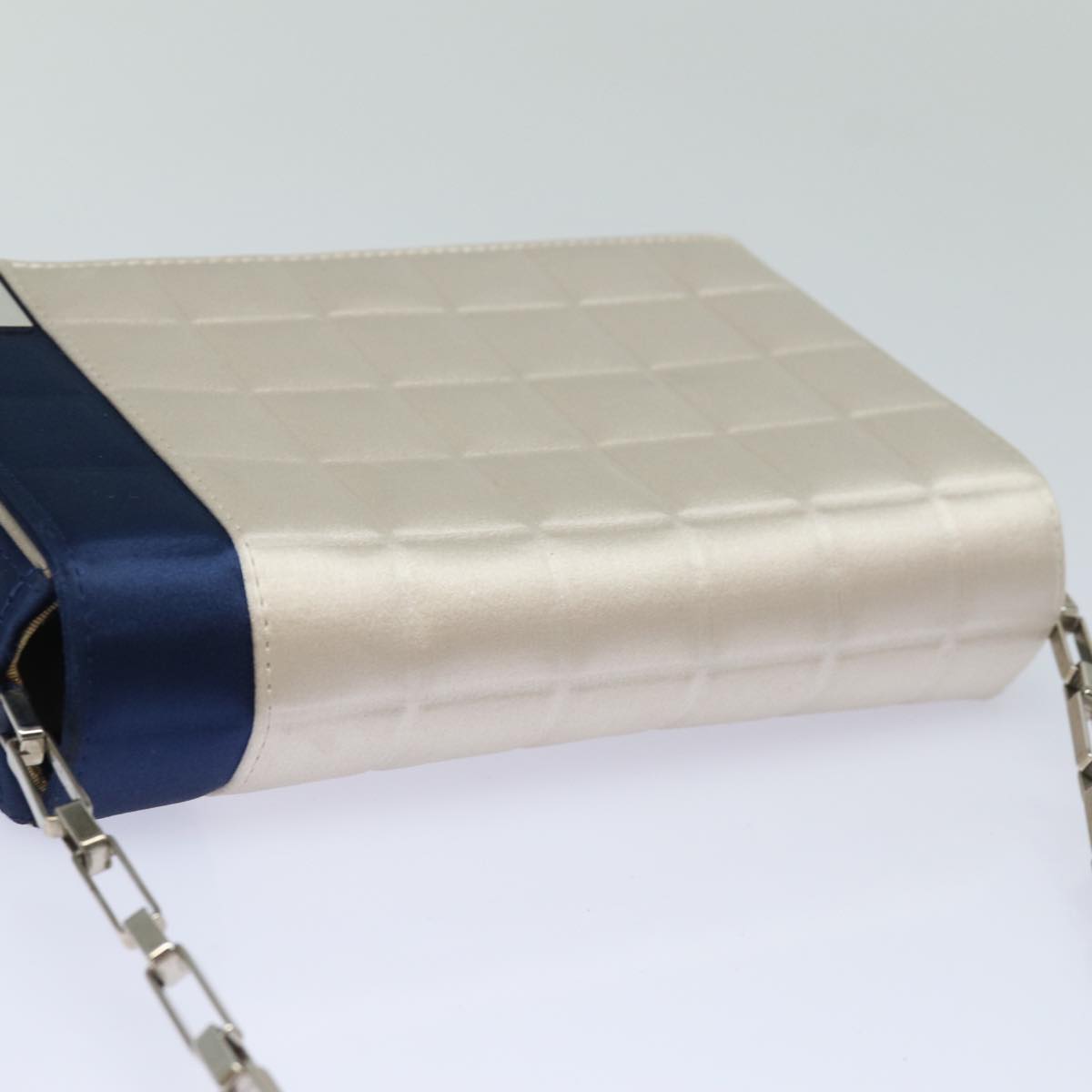 CHANEL Choco Bar Line Chain Shoulder Bag Satin Blue Beige CC Auth 84220