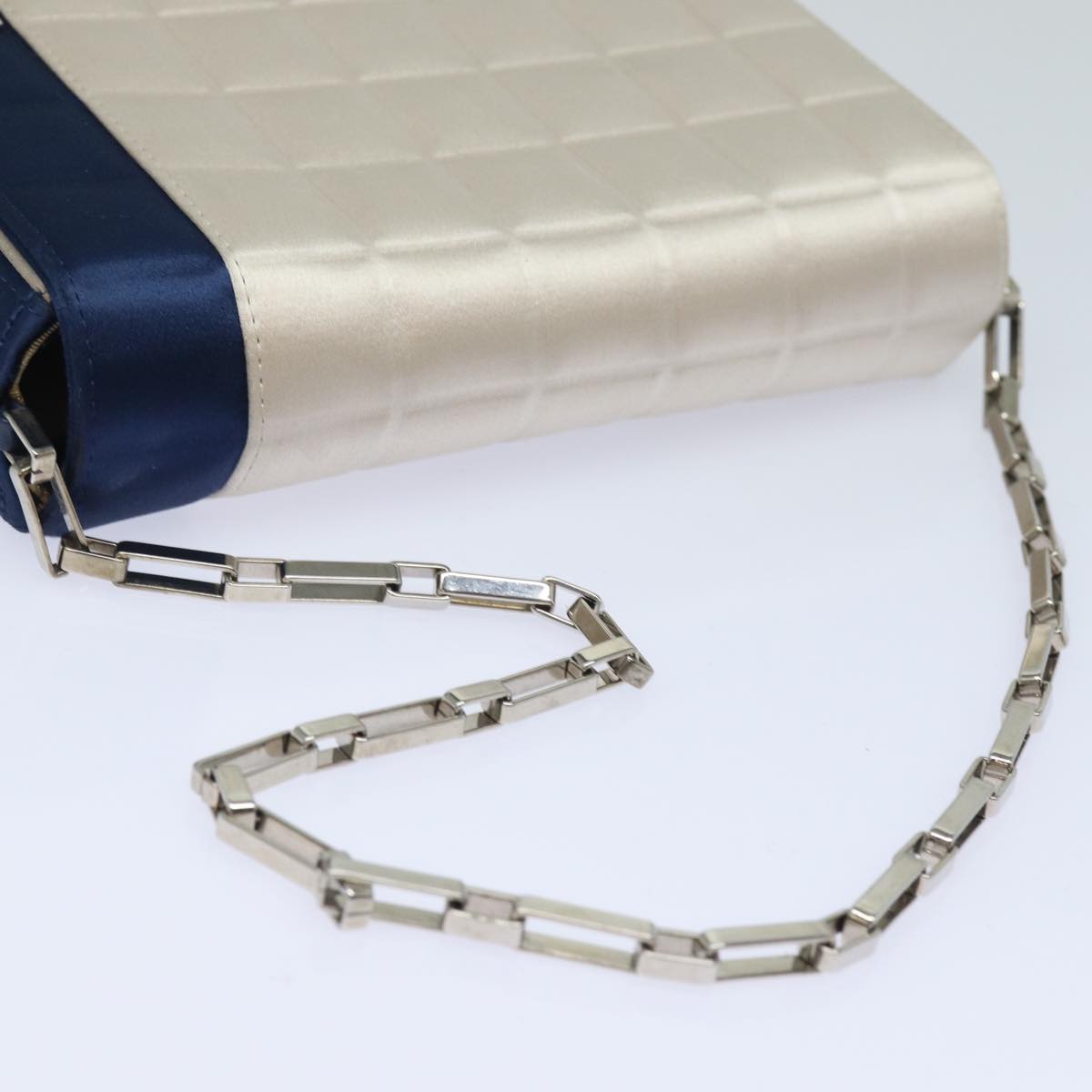 CHANEL Choco Bar Line Chain Shoulder Bag Satin Blue Beige CC Auth 84220