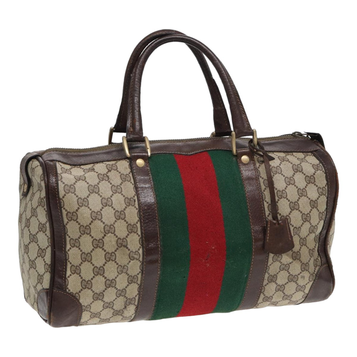 GUCCI GG Supreme Web Sherry Line Boston Bag PVC Beige Red Green Auth 84232