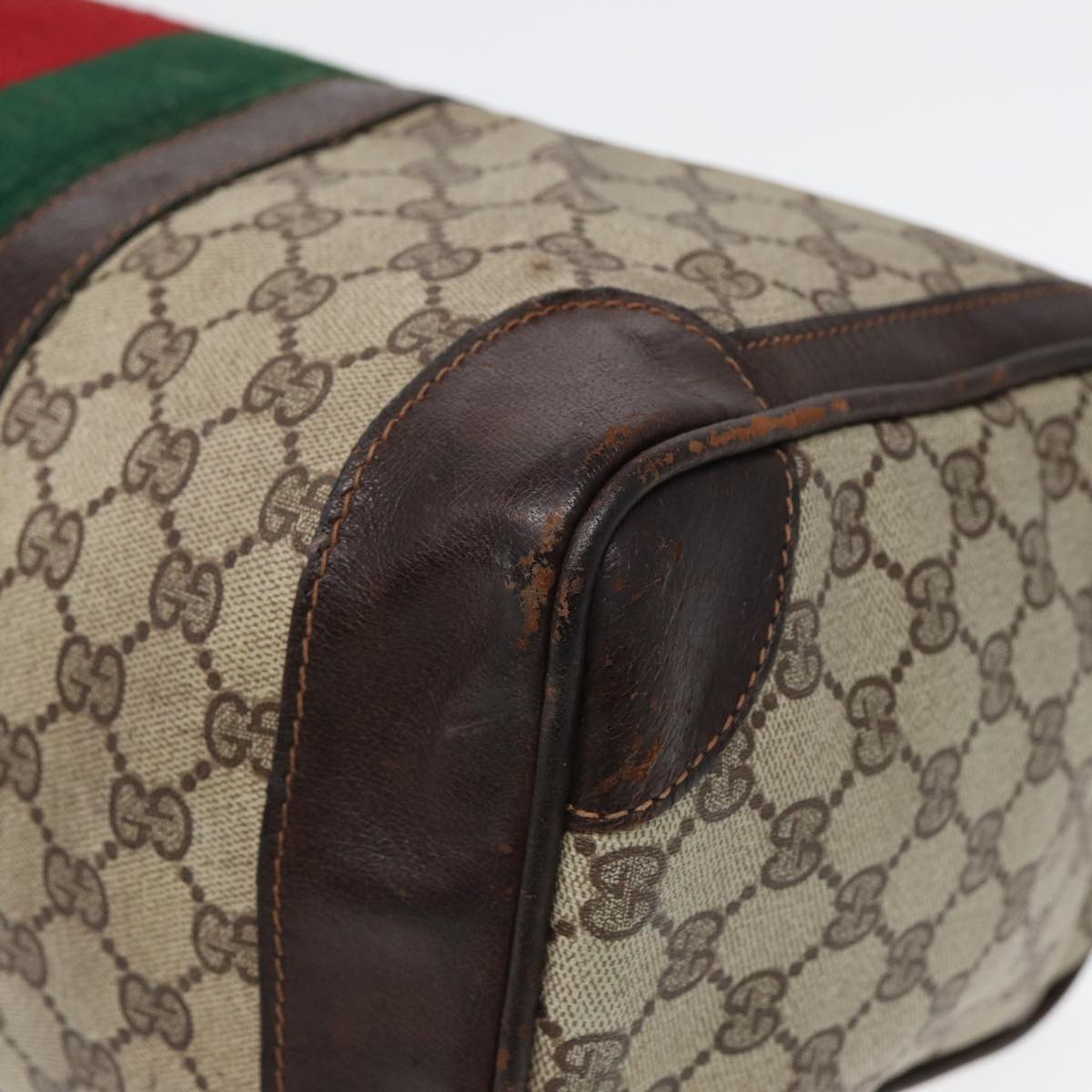 GUCCI GG Supreme Web Sherry Line Boston Bag PVC Beige Red Green Auth 84232