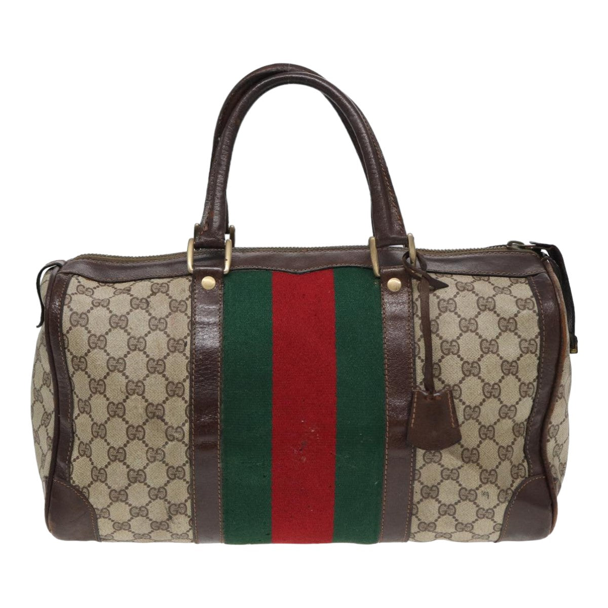 GUCCI GG Supreme Web Sherry Line Boston Bag PVC Beige Red Green Auth 84232