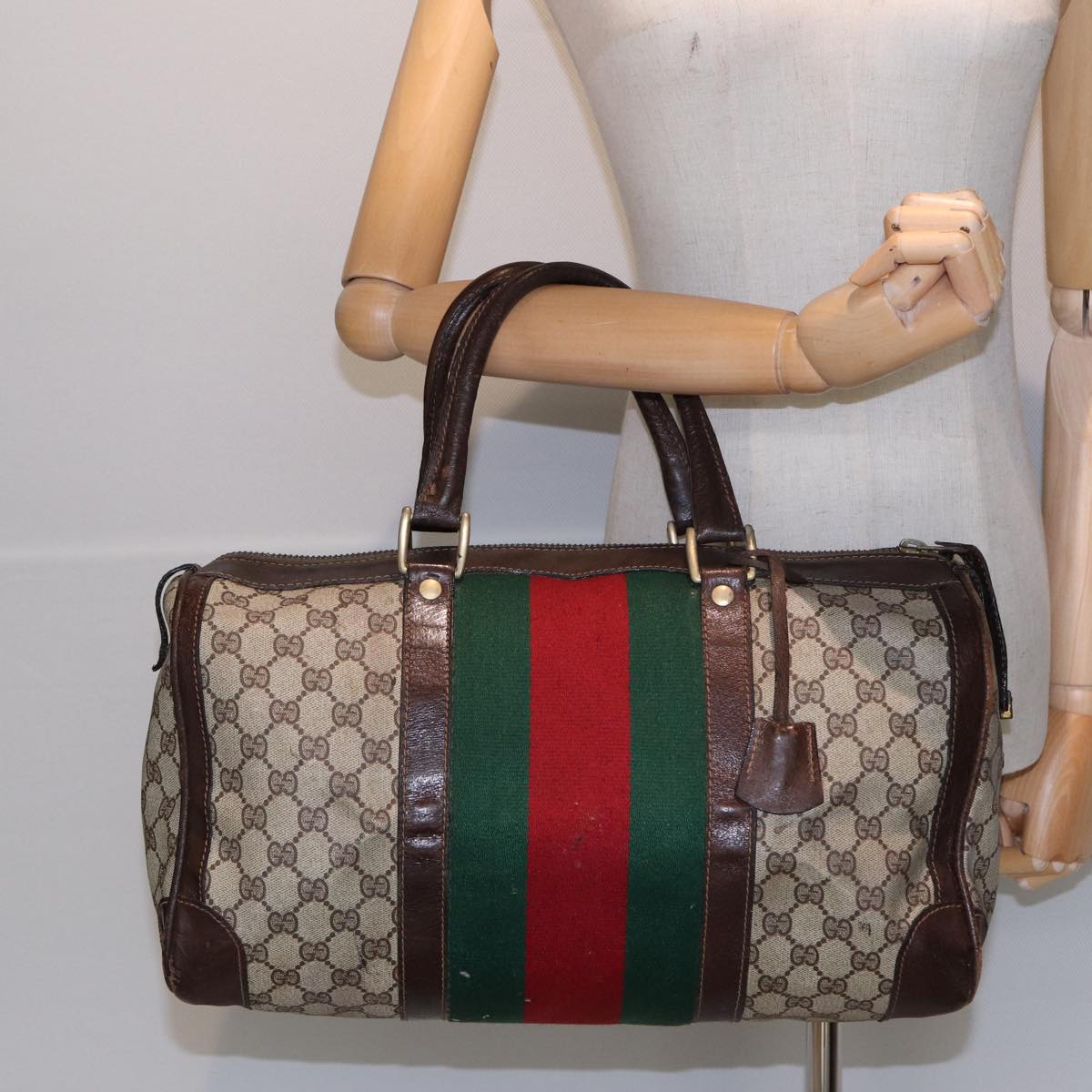 GUCCI GG Supreme Web Sherry Line Boston Bag PVC Beige Red Green Auth 84232