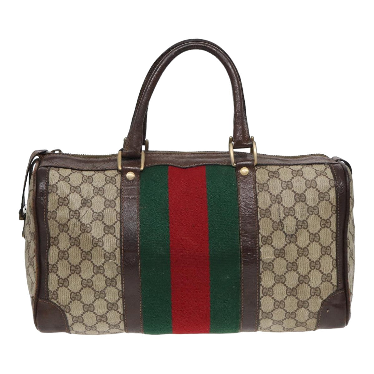 GUCCI GG Supreme Web Sherry Line Boston Bag PVC Beige Red Green Auth 84232 - 0