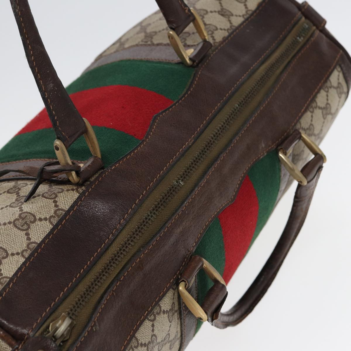 GUCCI GG Supreme Web Sherry Line Boston Bag PVC Beige Red Green Auth 84232