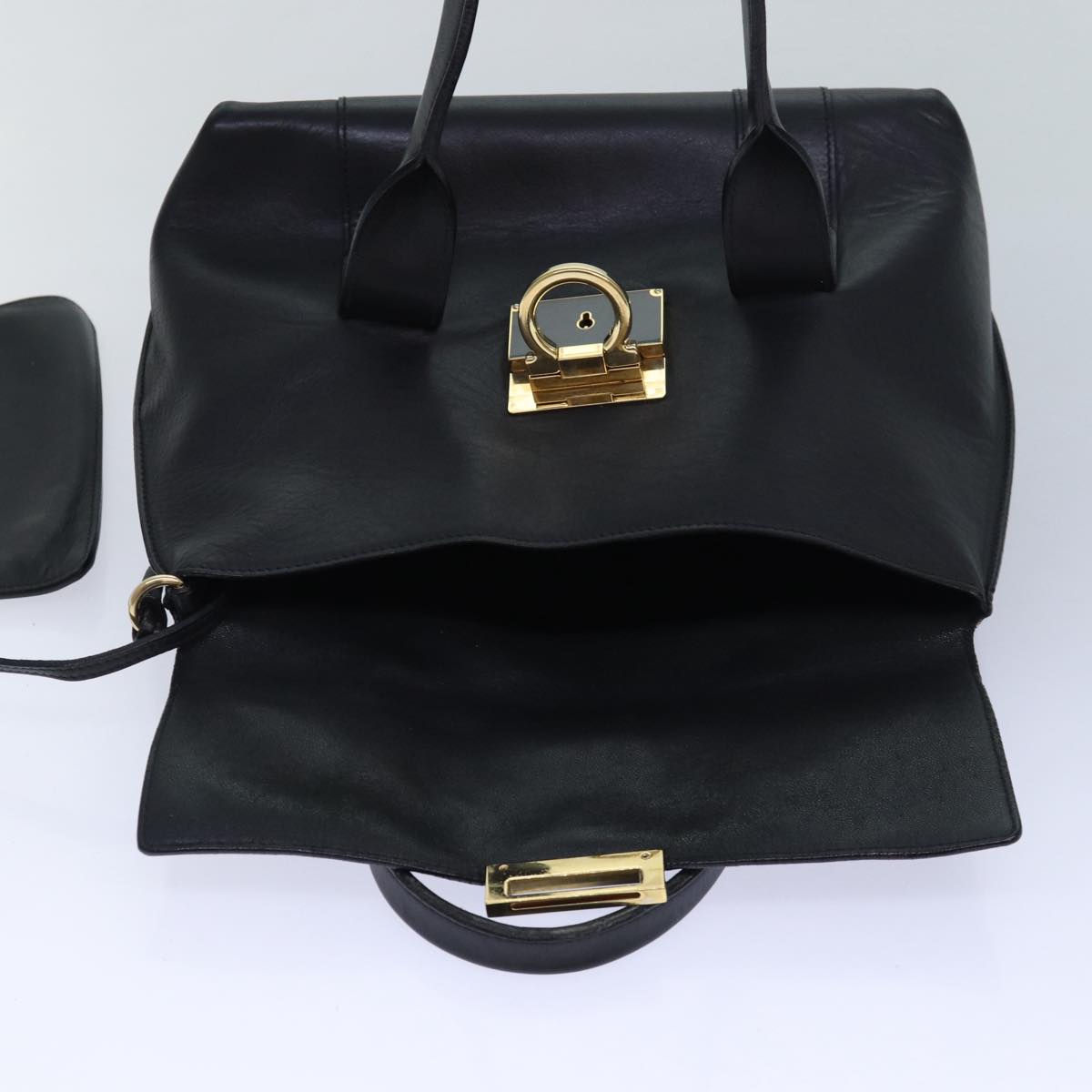 Salvatore Ferragamo Gancini Shoulder Bag Leather 2way Black Auth 84235