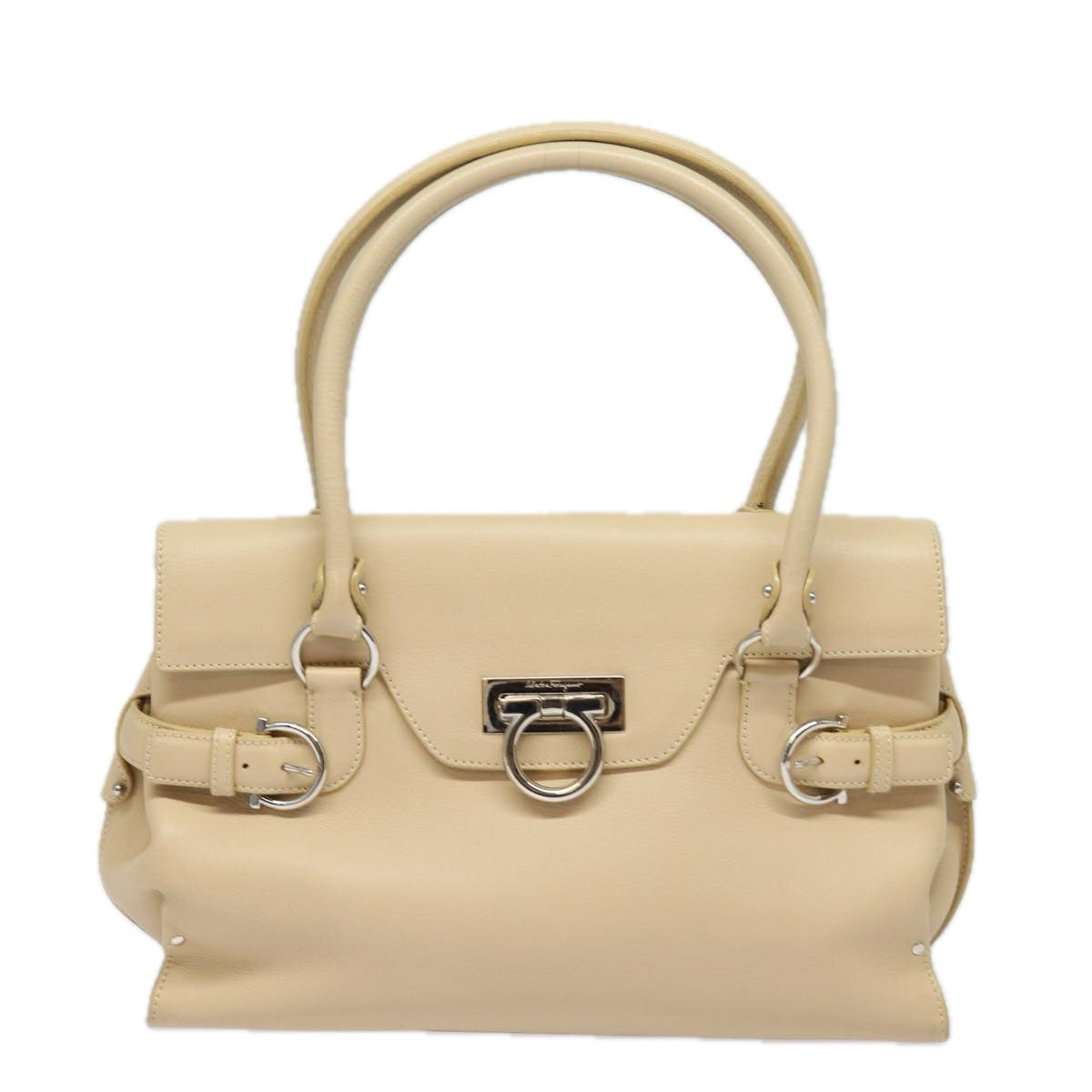 Salvatore Ferragamo Gancini Shoulder Bag Leather Beige Auth 84236