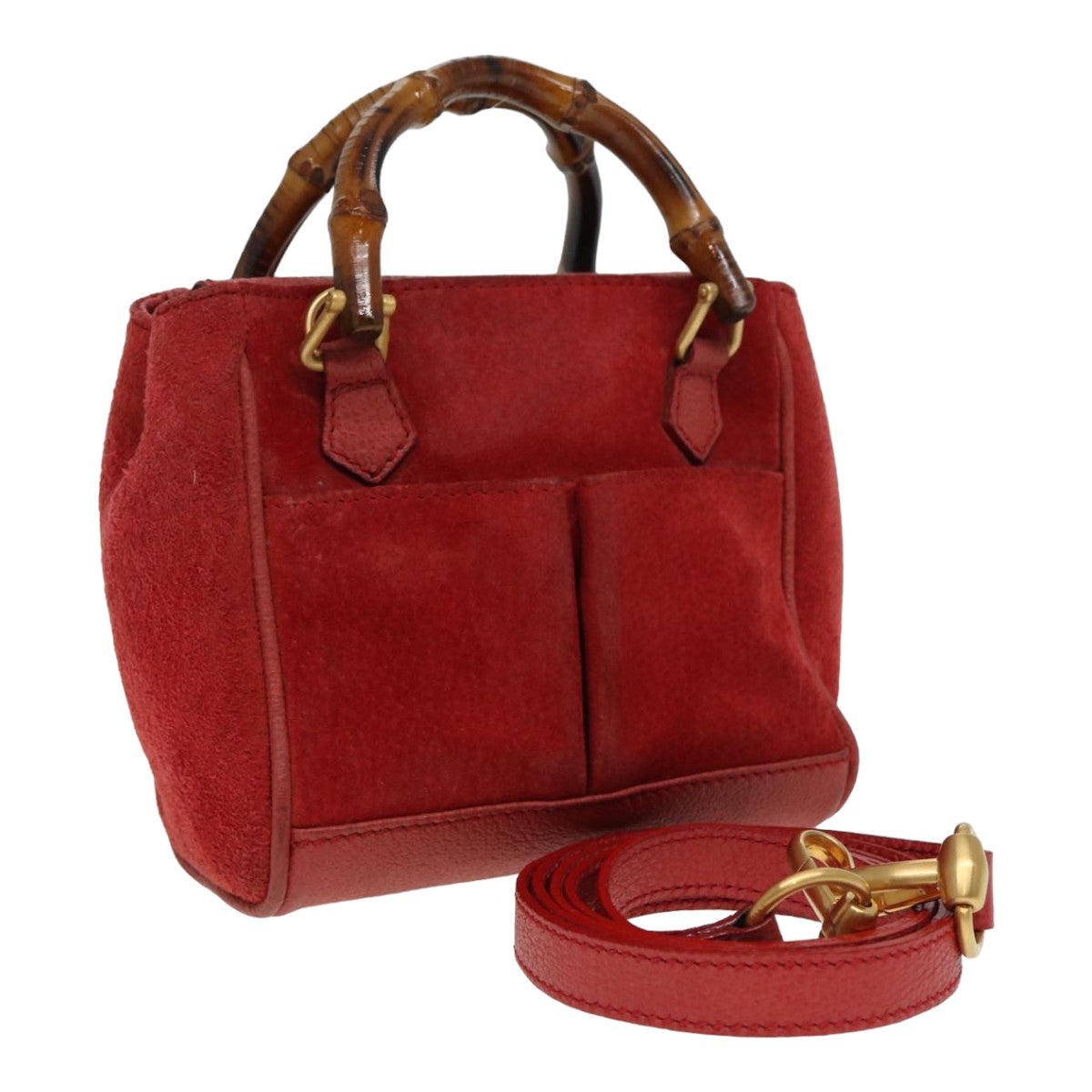 GUCCI Bamboo Shoulder Bag Suede 2way Red 007 1793 0238 Auth 84245