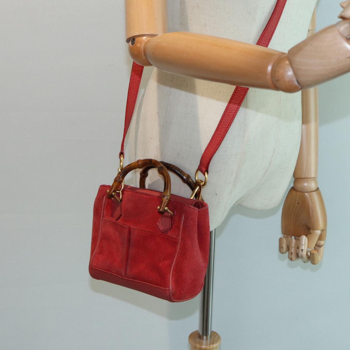 GUCCI Bamboo Shoulder Bag Suede 2way Red 007 1793 0238 Auth 84245