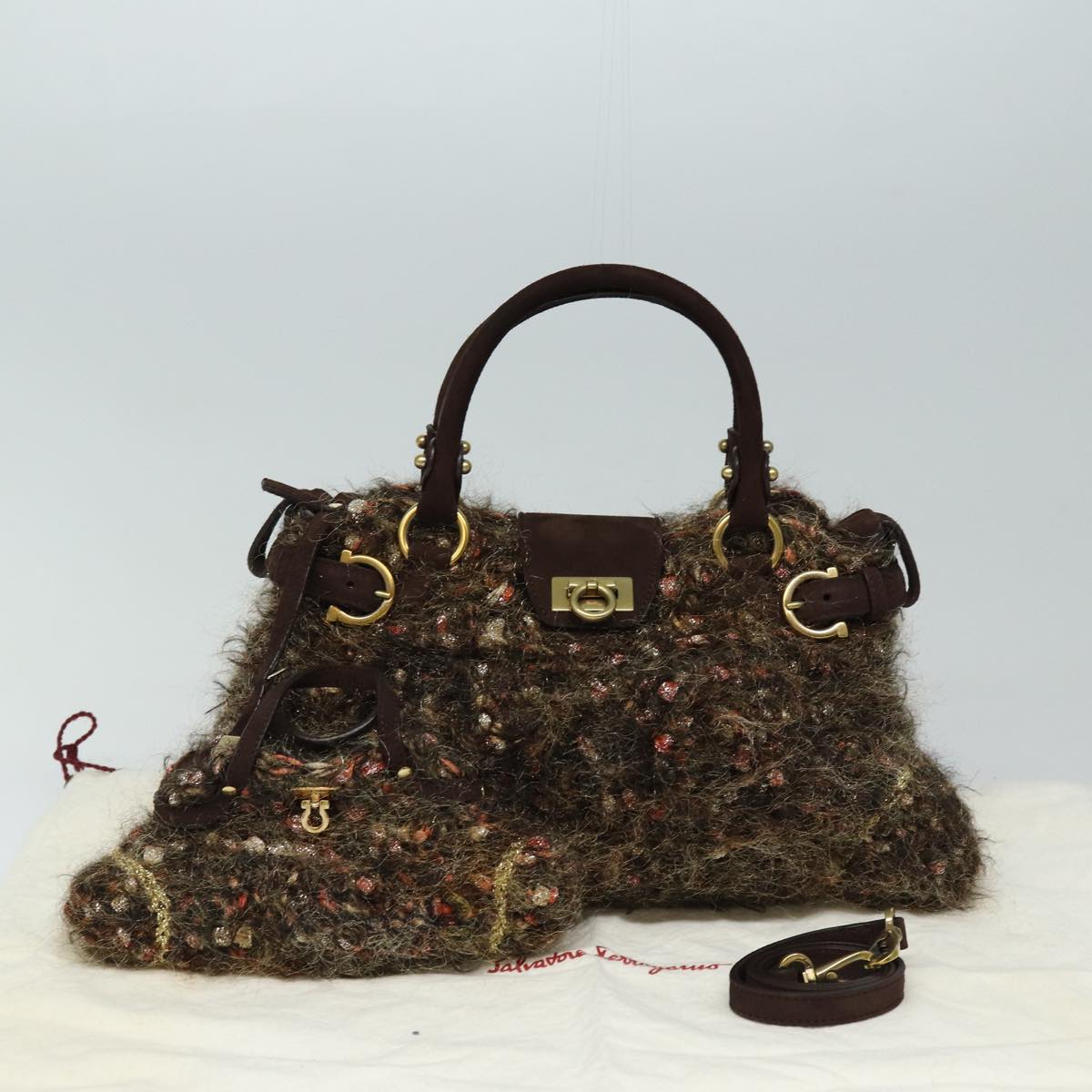 Salvatore Ferragamo Gancini Hand Bag Wool 2way Brown Auth 84418