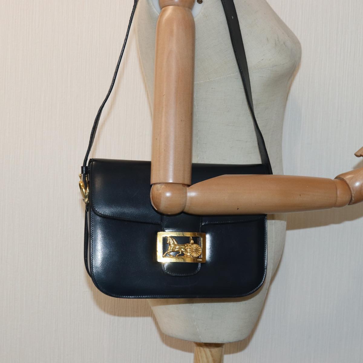 CELINE Shoulder Bag Leather Navy Auth 84419