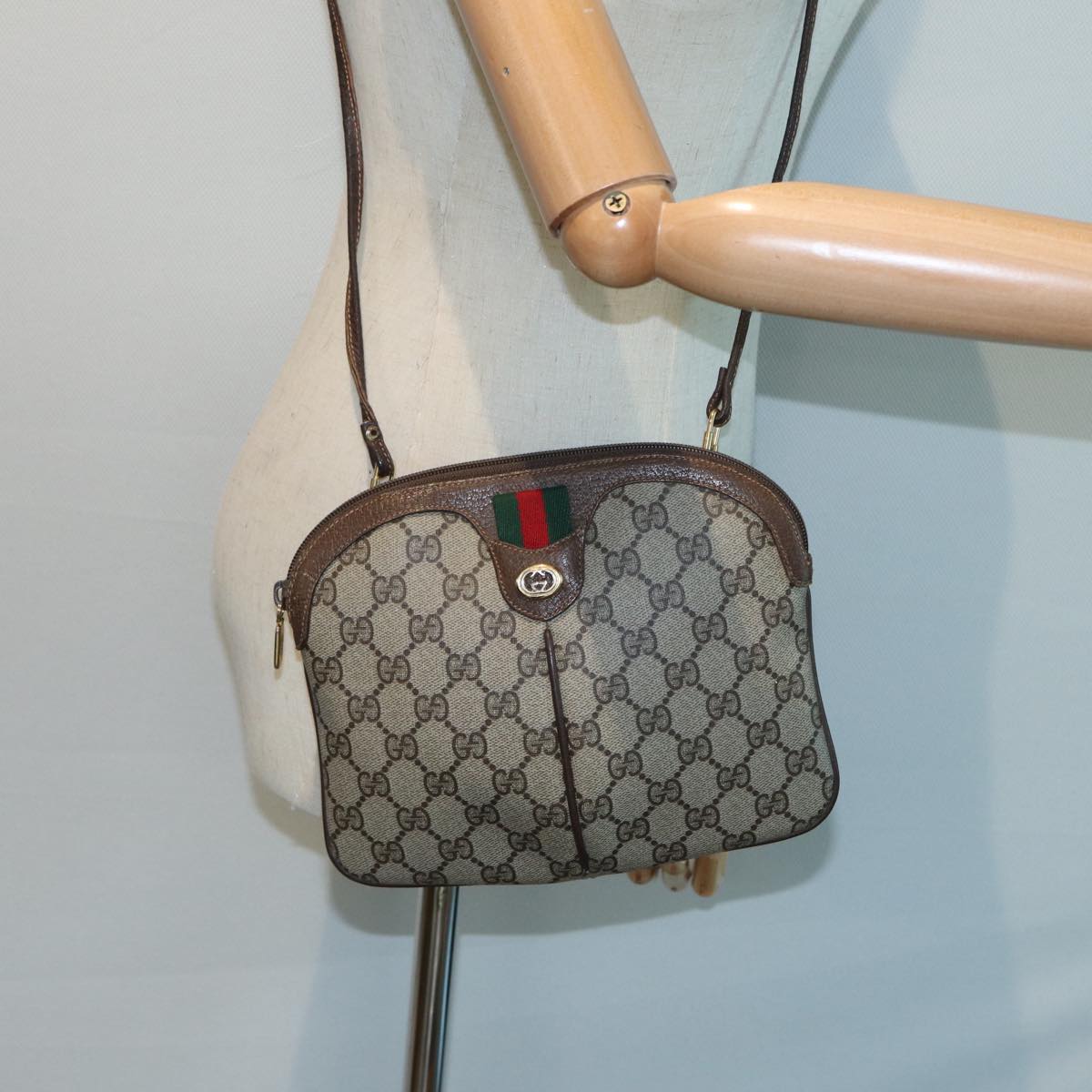 GUCCI GG Canvas Web Sherry Line Shoulder Bag PVC Beige 904 02 047 Auth 84424