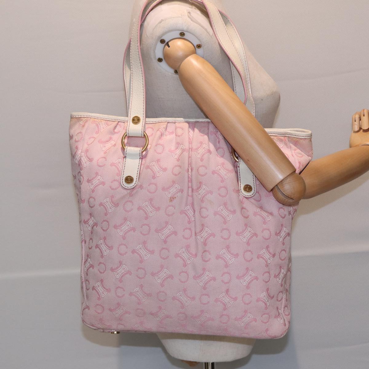 CELINE C Macadam Canvas Tote Bag Pink White Auth 84440