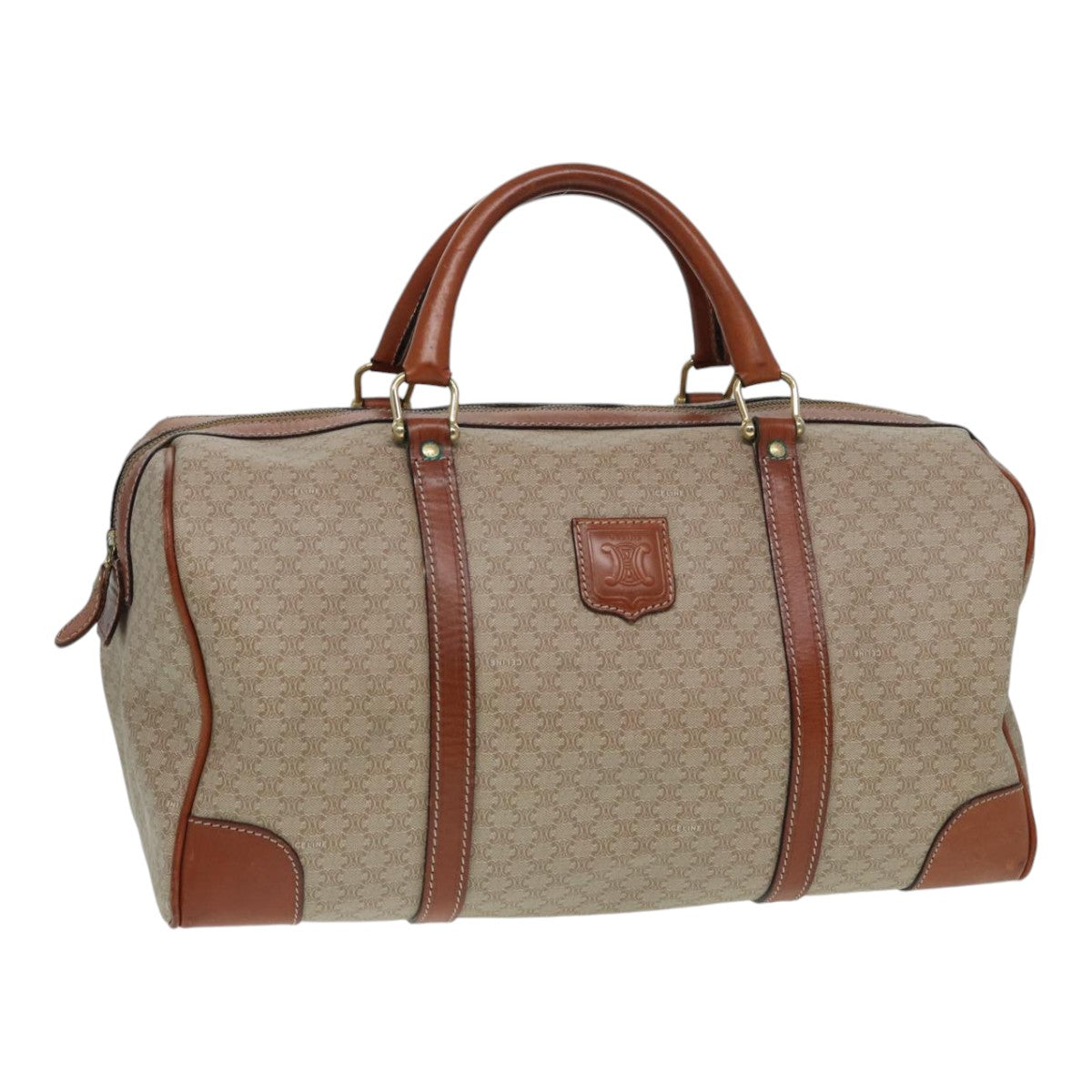 CELINE Macadam Canvas Boston Bag Beige Auth 84441