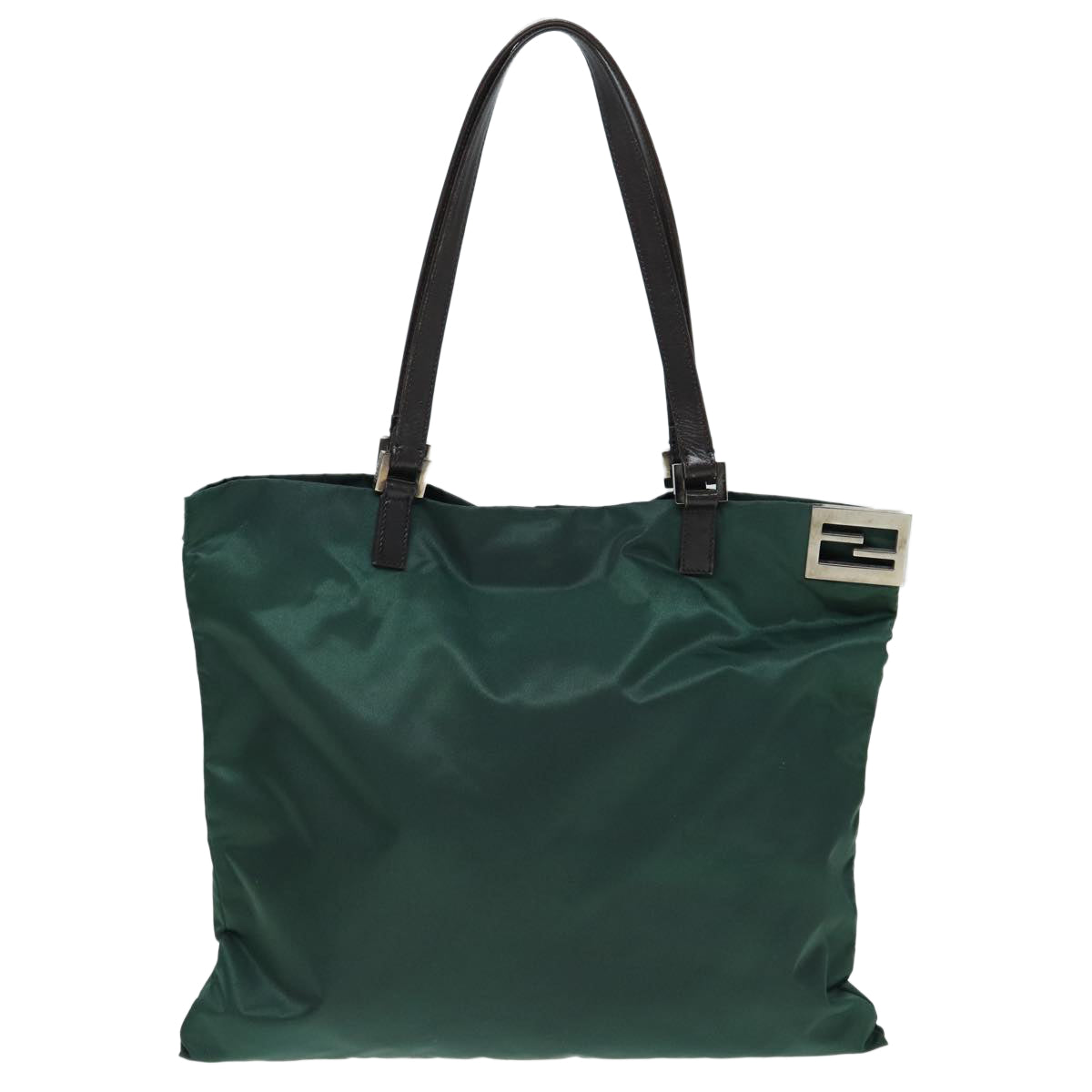 FENDI Tote Bag Nylon Leather Green Brown Auth 84445