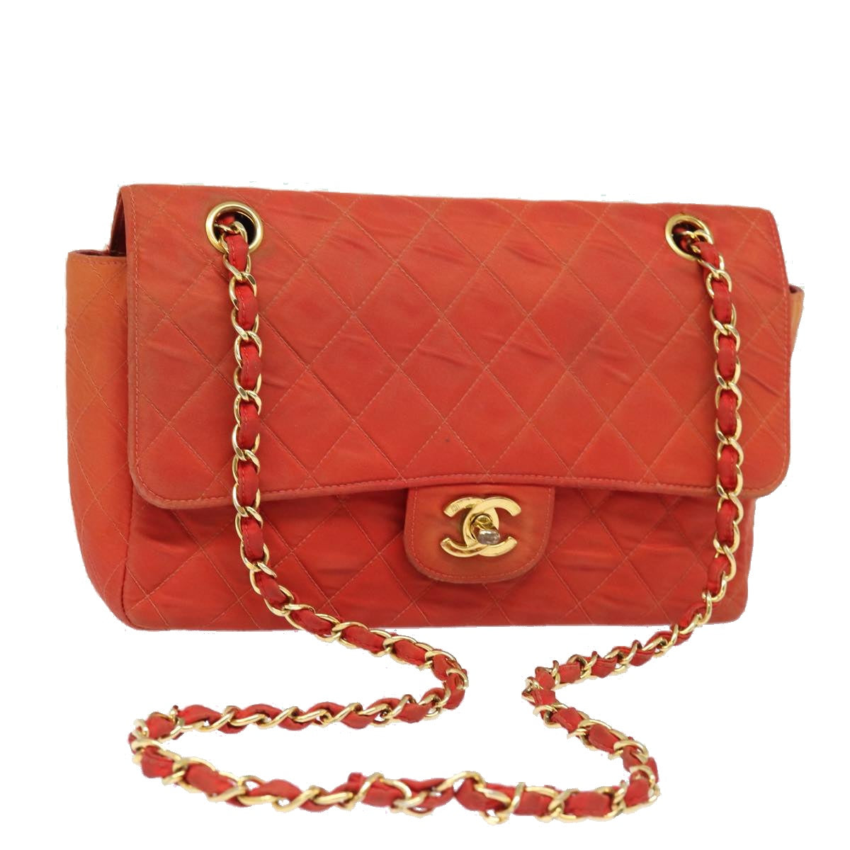 CHANEL Matelasse Chain Shoulder Bag Nylon Orange CC Auth 84479