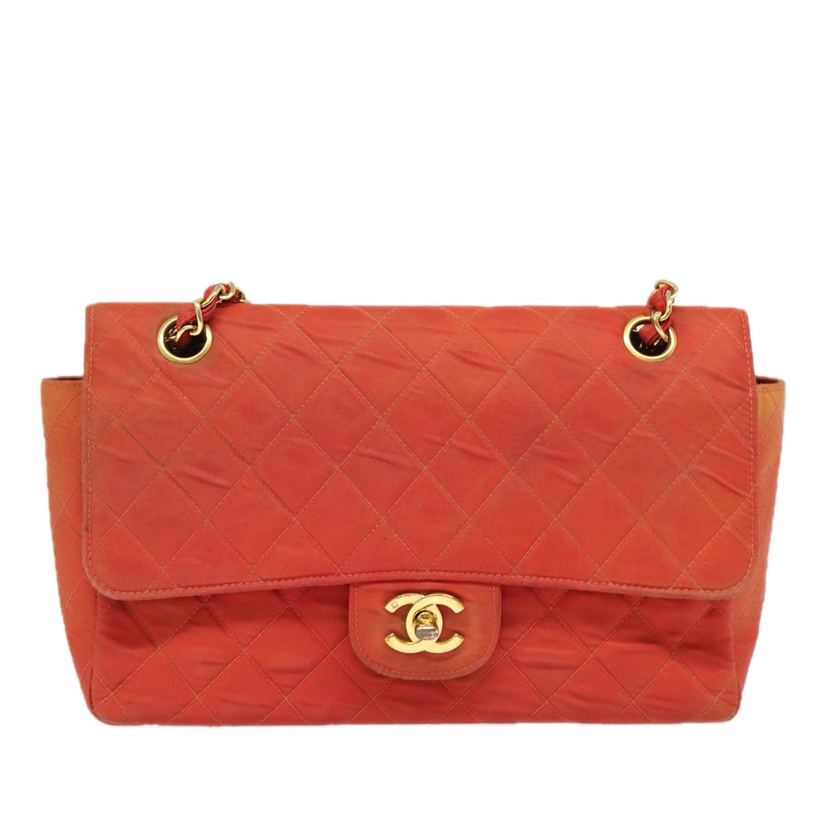 CHANEL Matelasse Chain Shoulder Bag Nylon Orange CC Auth 84479