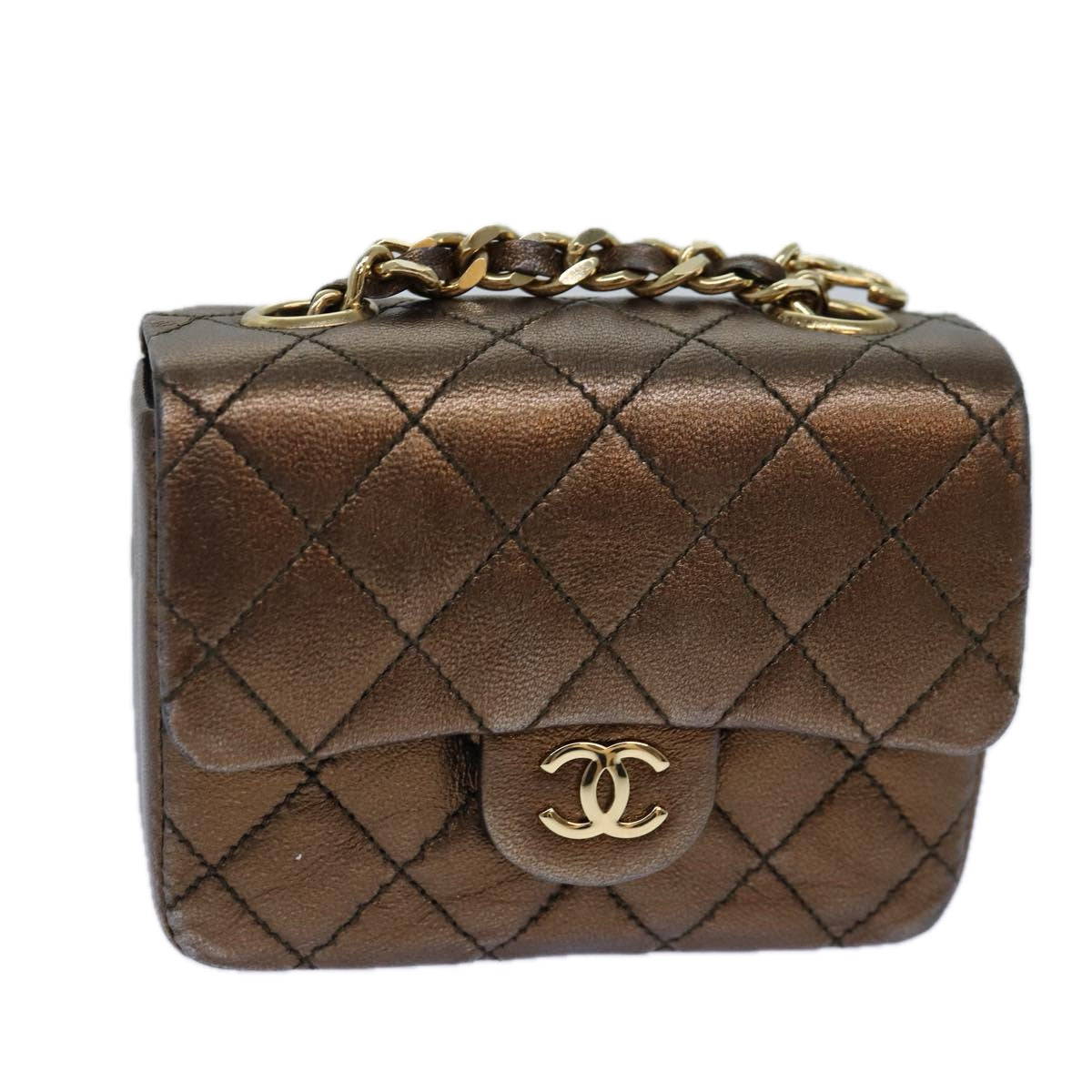 CHANEL Mini Matelasse Chain Pouch Lamb Skin Gold Tone CC Auth 84490