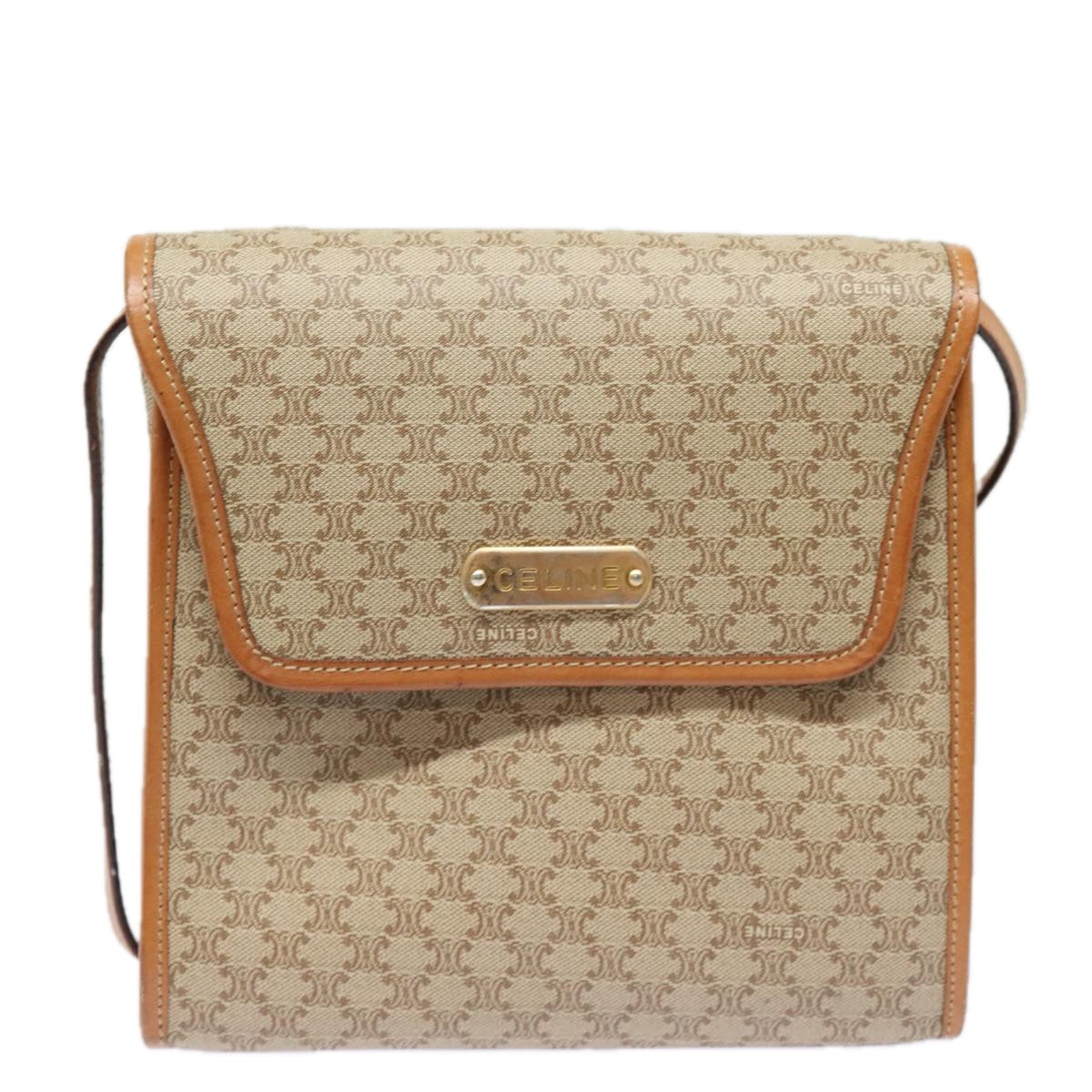 CELINE Macadam Canvas Shoulder Bag Beige Gold Auth 84551