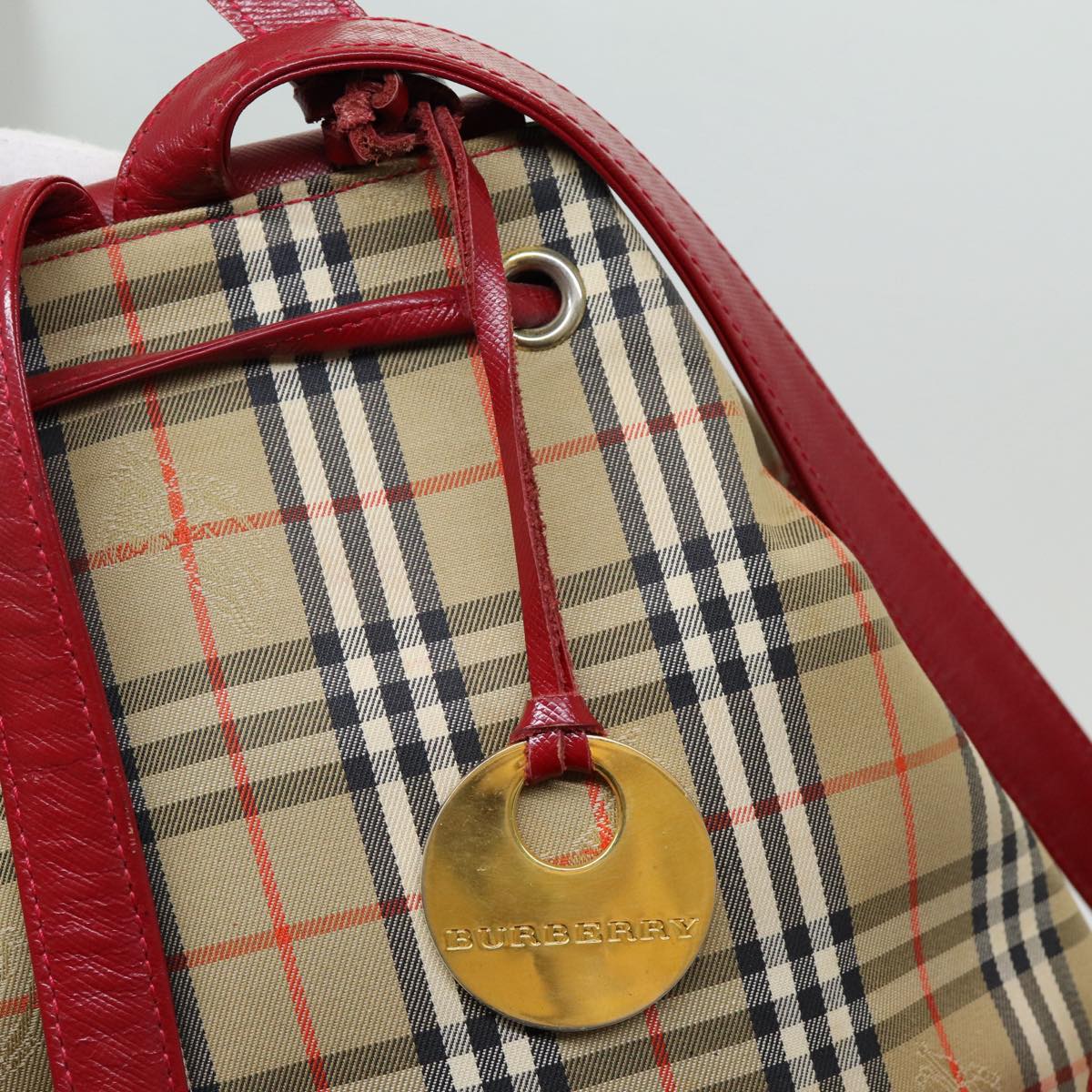 BURBERRY Nova Check Backpack Canvas Leather Beige Red gold Auth 84556