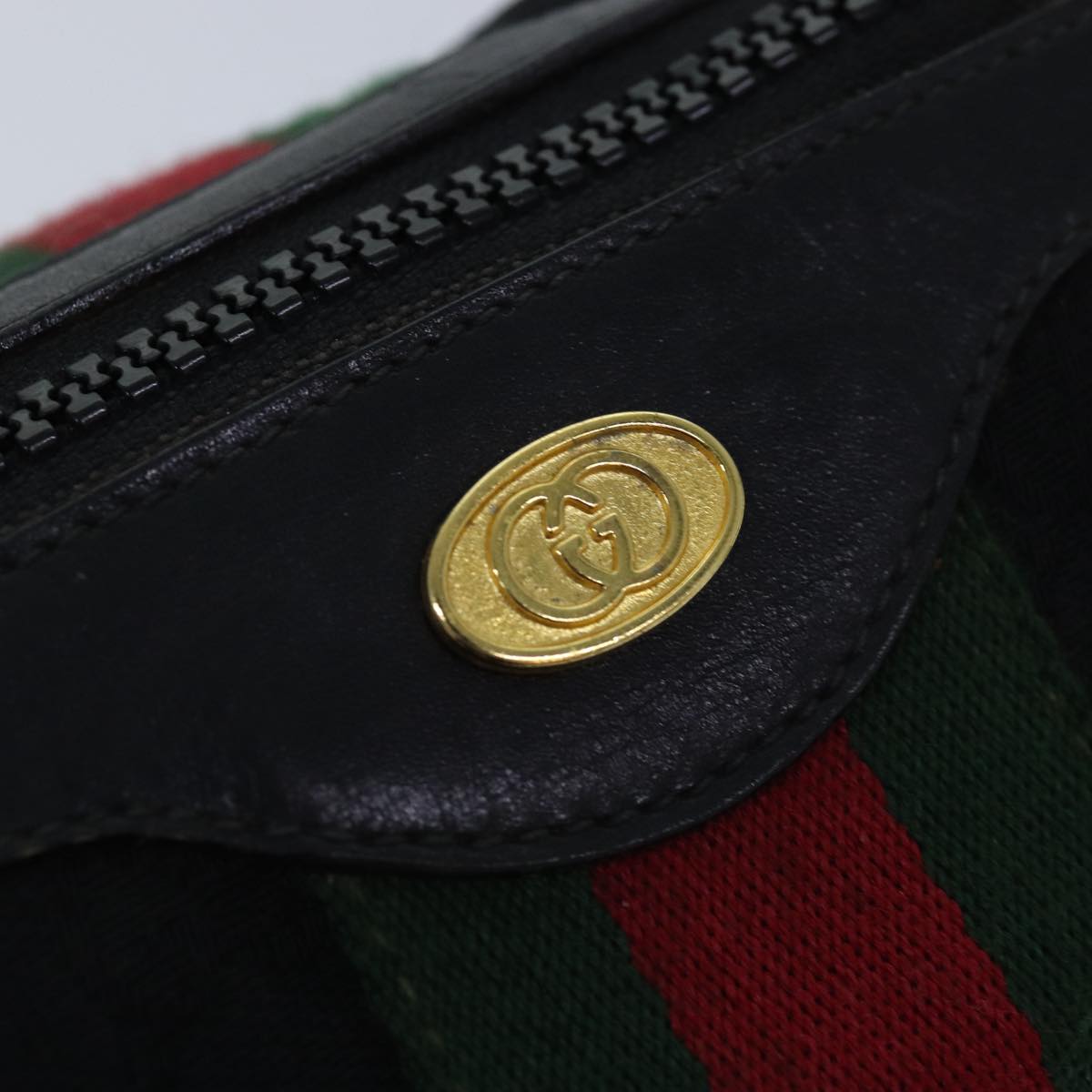 GUCCI GG Canvas Web Sherry Line Boston Bag Black Red Gold 010 378 Auth 84562